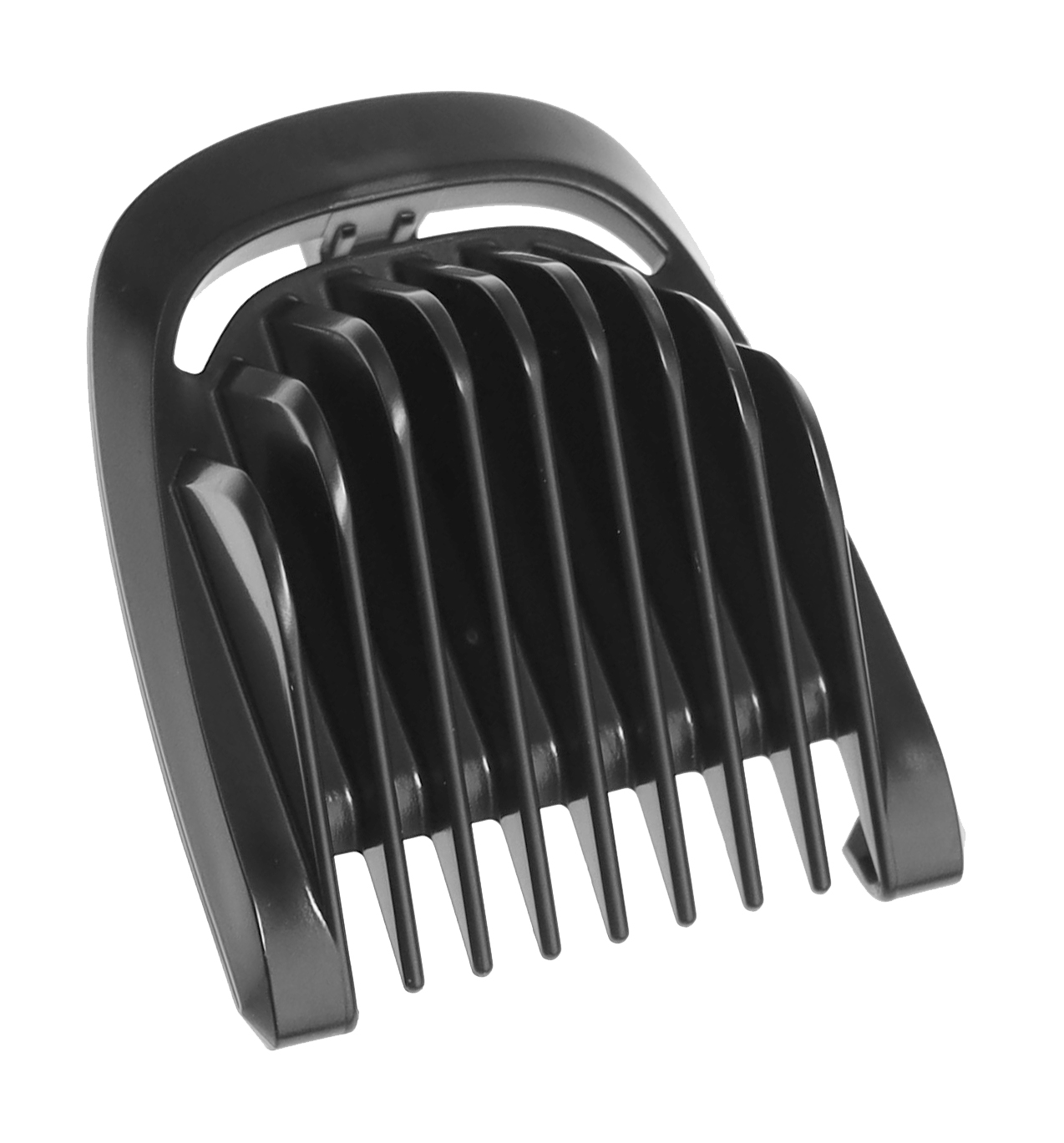 Ein schwarzer Kammaufsatz für einen Haarschneider mit vielen Zinken.