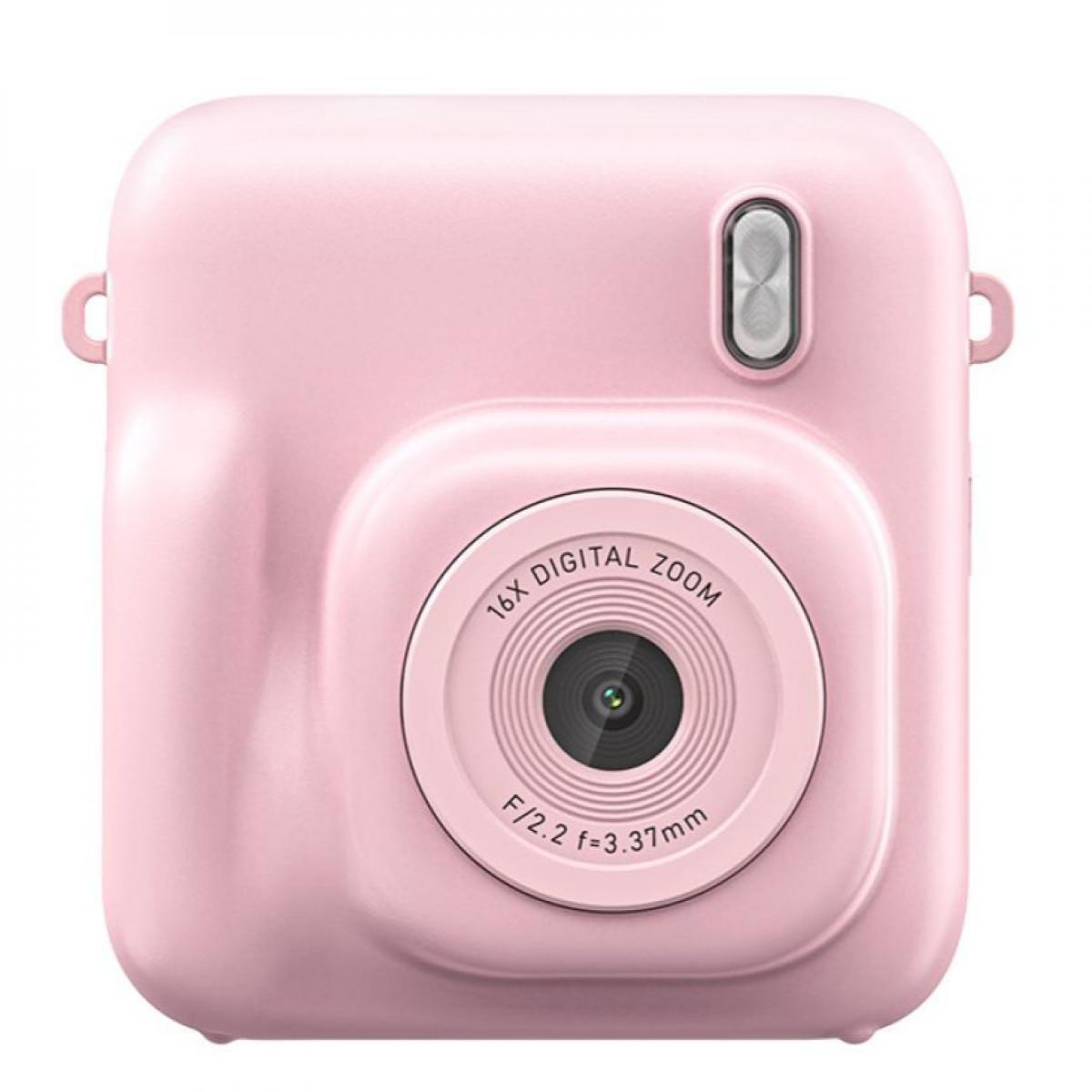Eine pinke Digitalkamera mit prominentem Objektiv und Digitalzoom-Markierungen.