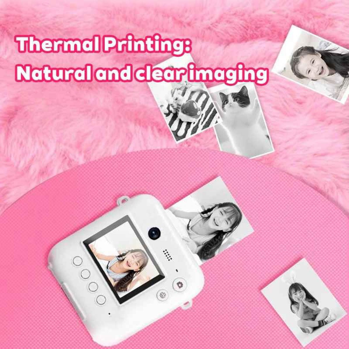 Ein weißer Thermodrucker druckt Fotos von Kindern und einer Katze auf rosa Hintergrund.