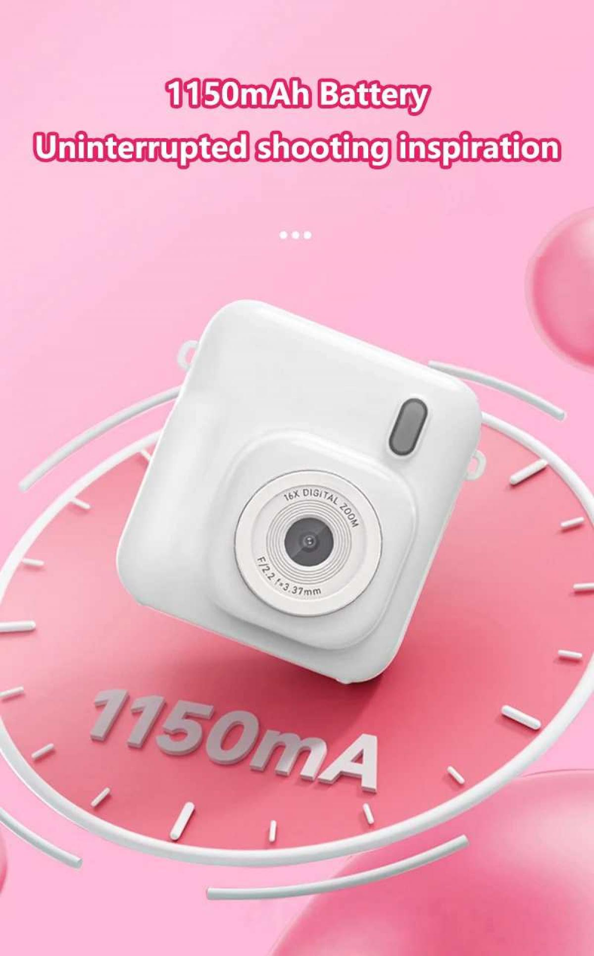 Eine weiße Digitalkamera mit 16-fachem Zoom auf rosa Hintergrund.