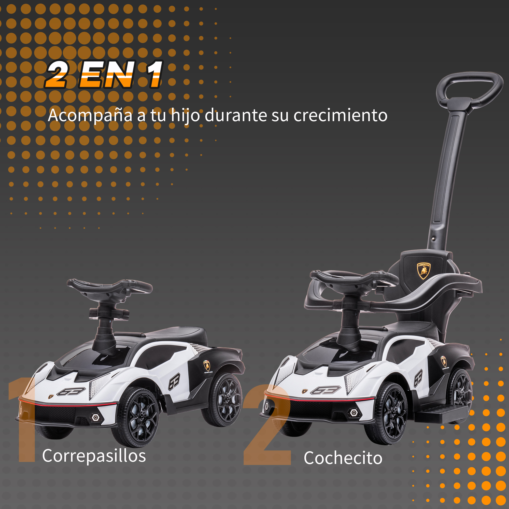 Dos coches Lamborghini blancos para niños: uno para empujar, otro para montar.