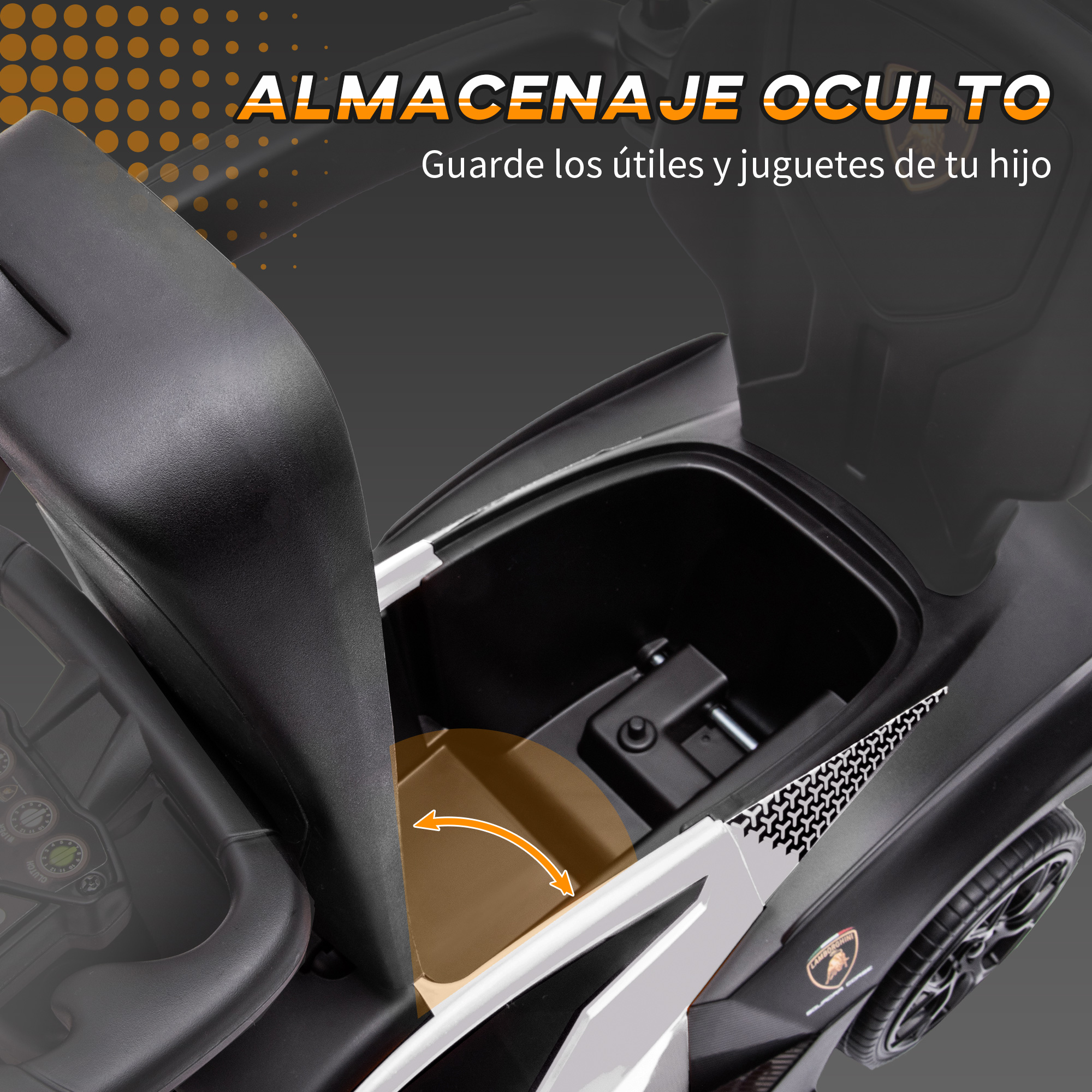 Un coche de juguete negro con compartimento de almacenamiento abierto y calcomanías.