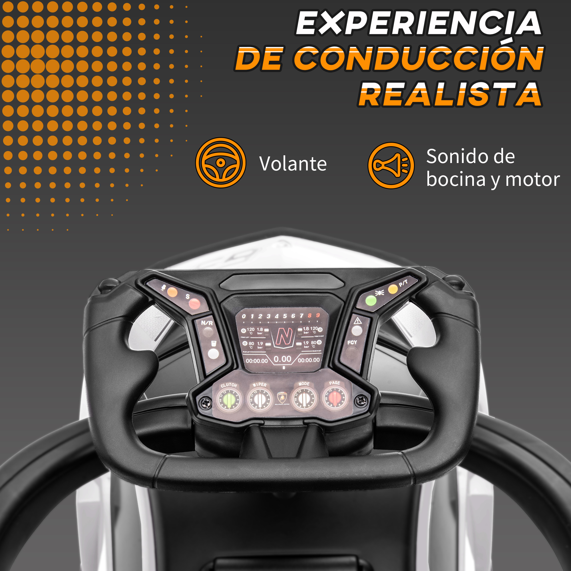 Un volante de carreras con pantalla digital, botones e iconos.