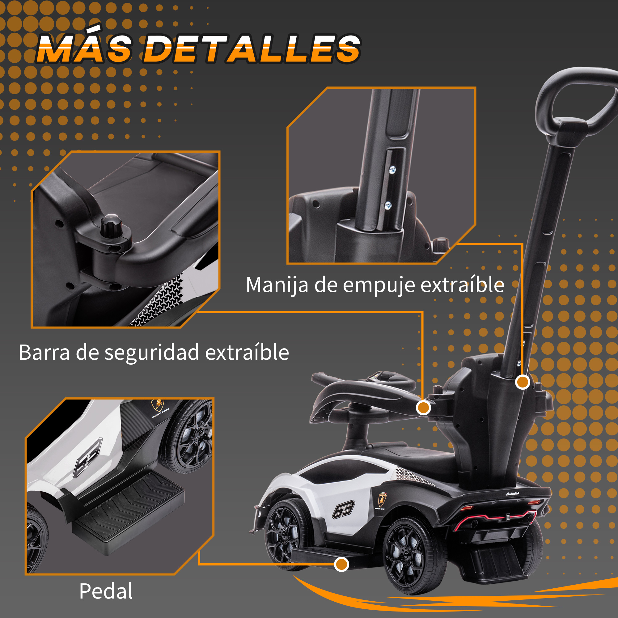 Un coche de juguete blanco y negro con barra, mango y pedal extraíbles.