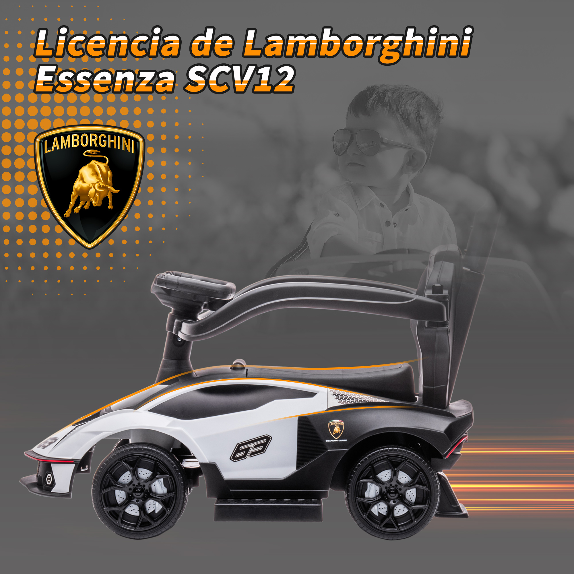 Un coche de juguete blanco y negro con logo de Lamborghini y un niño con gafas de sol.