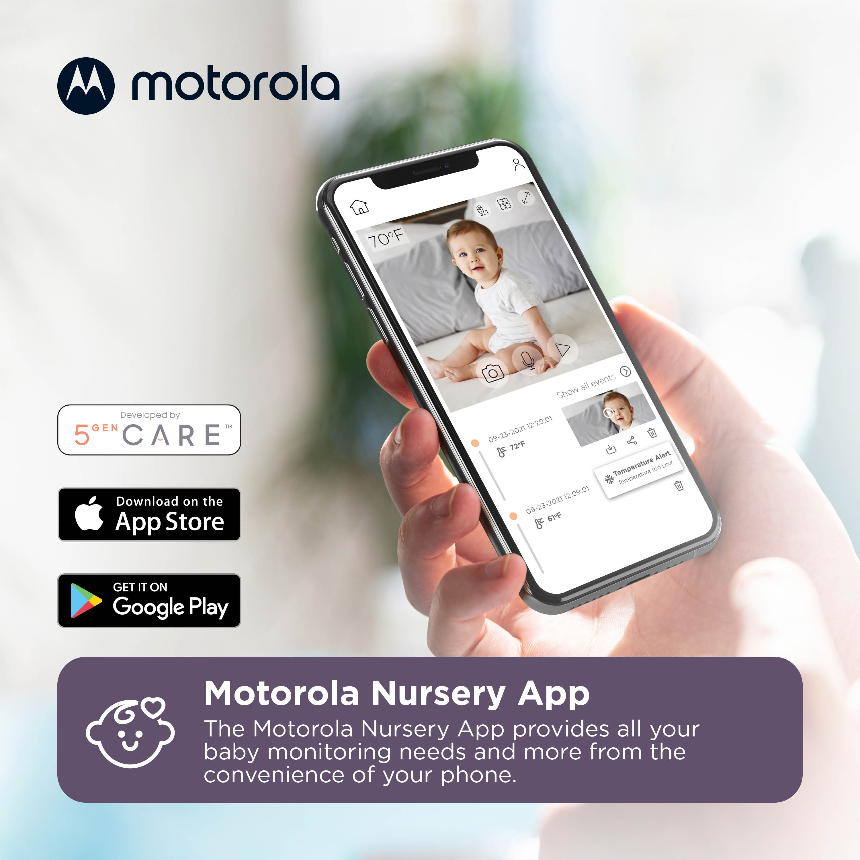 Logo Motorola sopra uno smartphone che mostra l'app Motorola Nursery.
