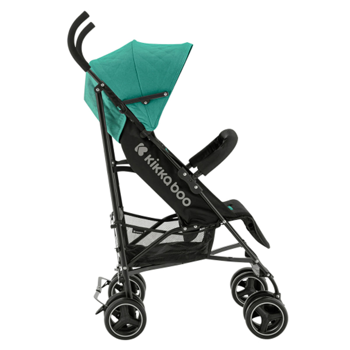 Ein türkisfarbener Kinderwagen mit schwarzem Gestell und Netzablage.