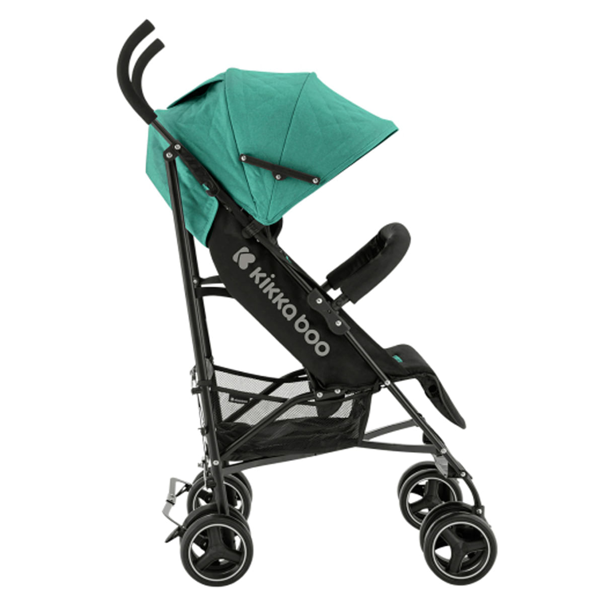 Ein türkisfarbener Kinderwagen mit schwarzem Rahmen und Aufbewahrungskorb.