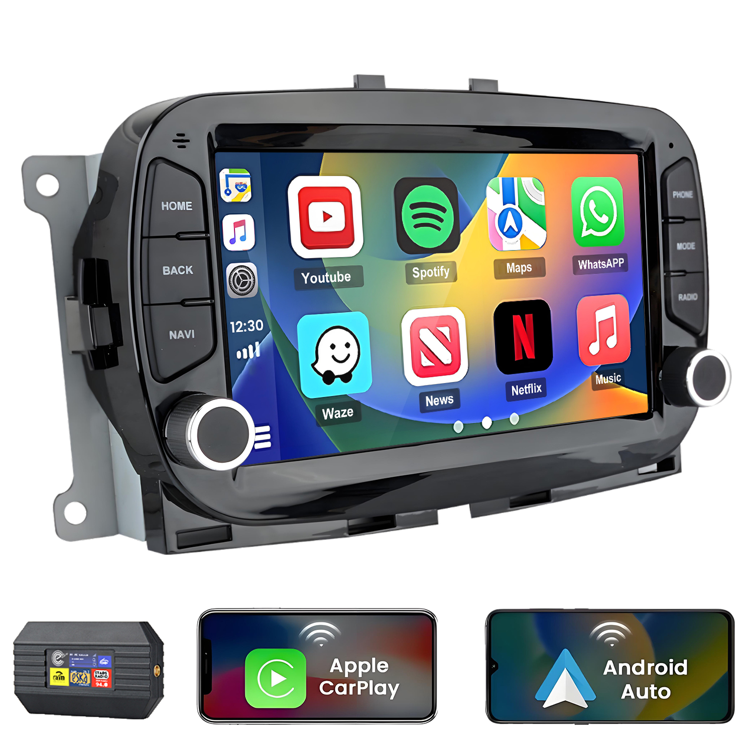 Ein Autoradio mit Touchscreen zeigt Apps wie YouTube, Spotify, Maps und WhatsApp. Darunter sind auch ein Smartphone-Steuergerät und zwei Handy-Displays.