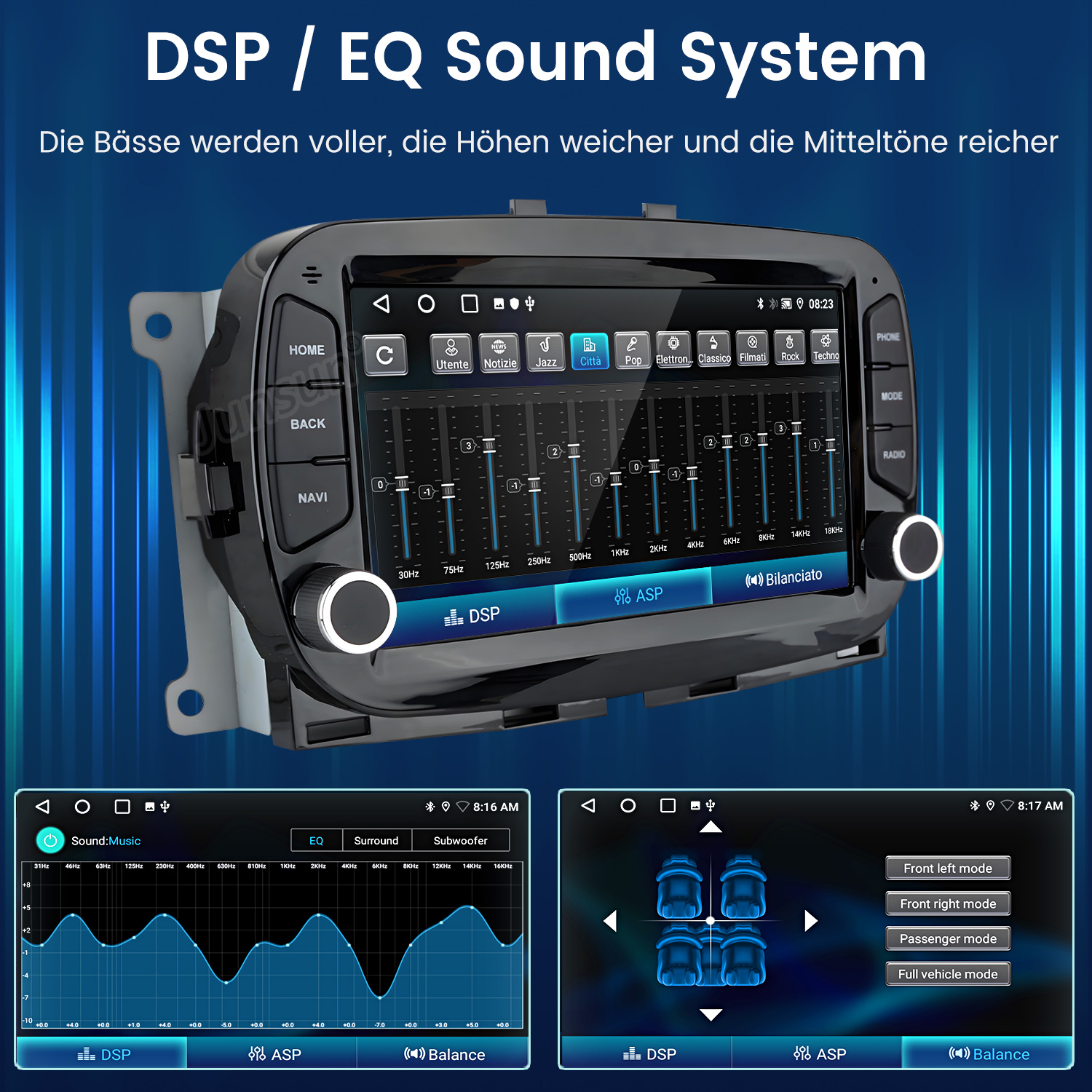 DSP/EQ-System in einem Auto mit Equalizer- und Soundeinstellungen.