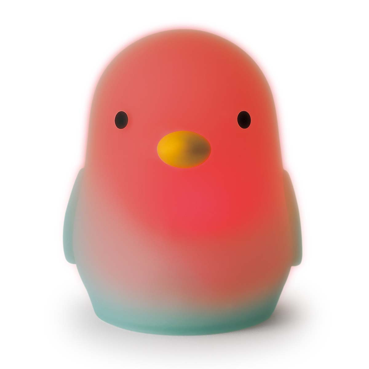Ein kleiner, leuchtender Vogel mit roten und blauen Lichtern und einem gelben Schnabel.