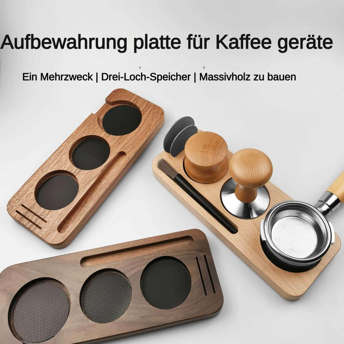 Holzablagen für Kaffeegeräte mit drei Kreislöchern und Zubehör wie Tamper.