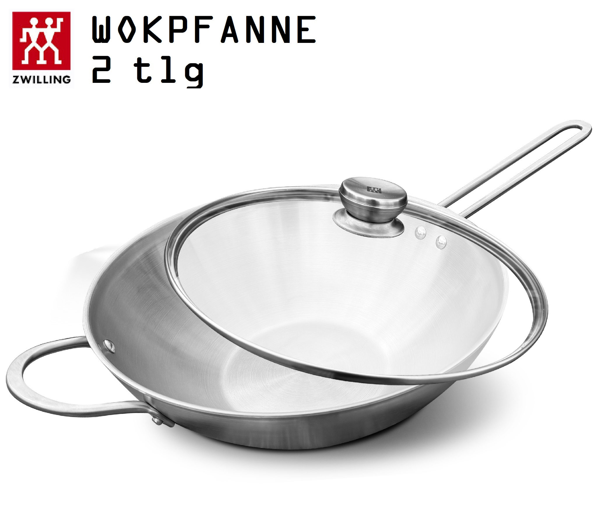 Eine silberne Wokpfanne mit Glasdeckel und zwei Griffen.