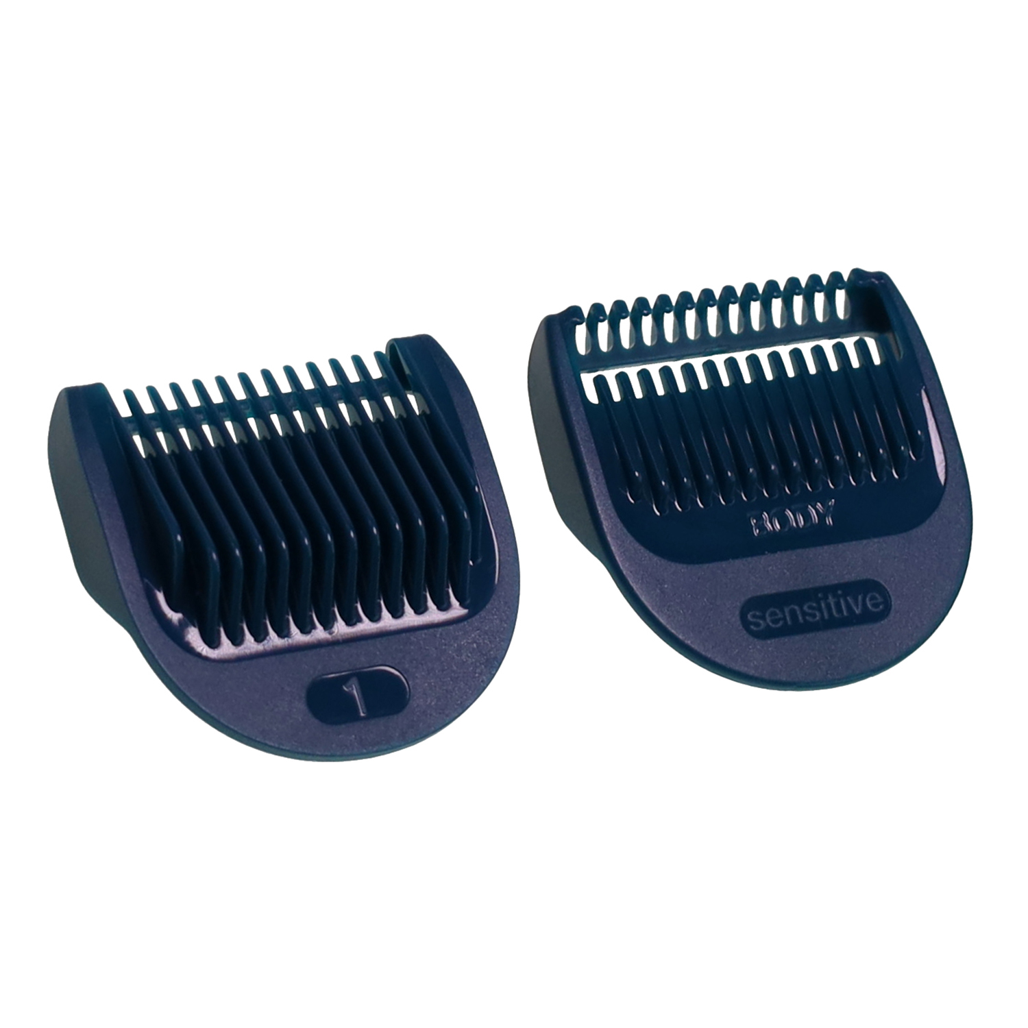 Zwei dunkelblaue Aufsteckkämme für einen Trimmer, einer mit „1“.