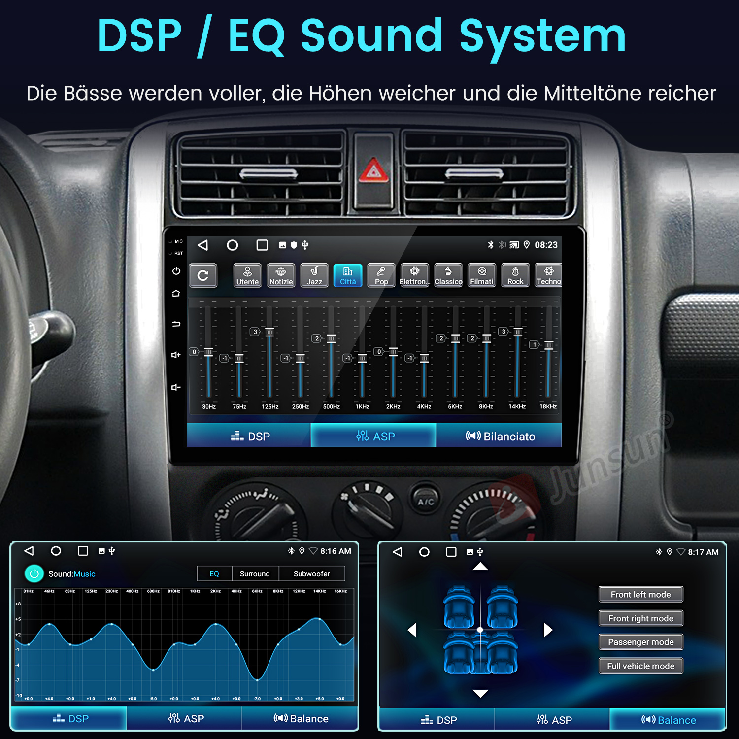 DSP/EQ Soundsystem im Auto mit Equalizer und Fahrzeugeinstellungen.