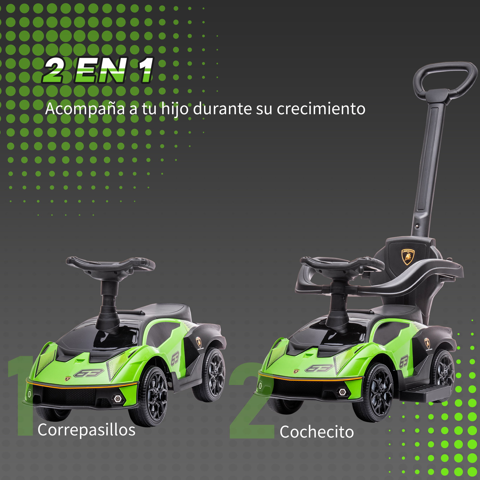 Dos coches verdes para niños, uno con barra de empuje, uno para montar.