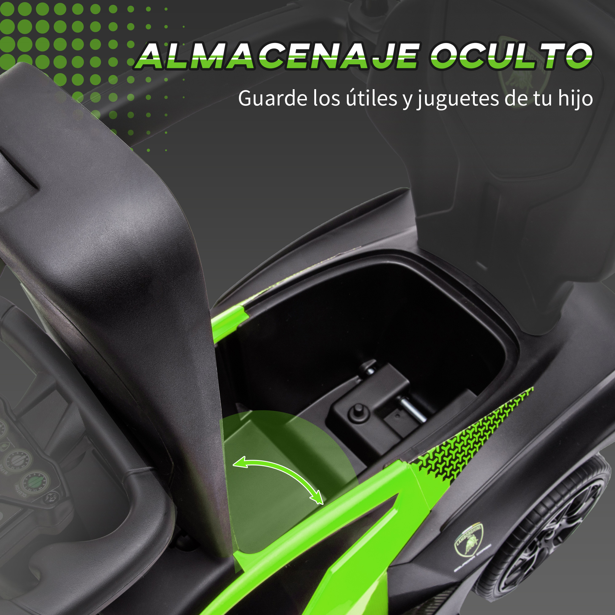 Un Lamborghini de juguete verde con compartimento de almacenamiento abierto.
