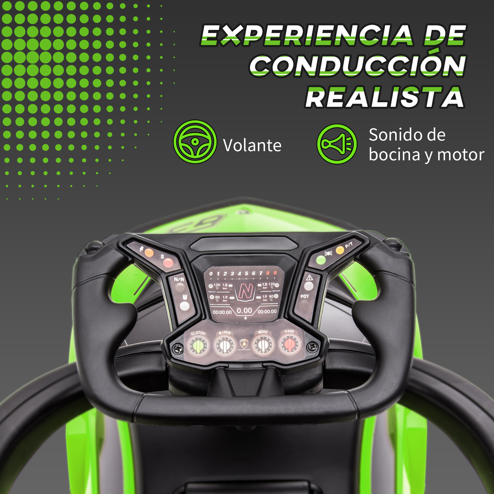 Un volante de juguete de carreras verde con pantalla digital y botones.