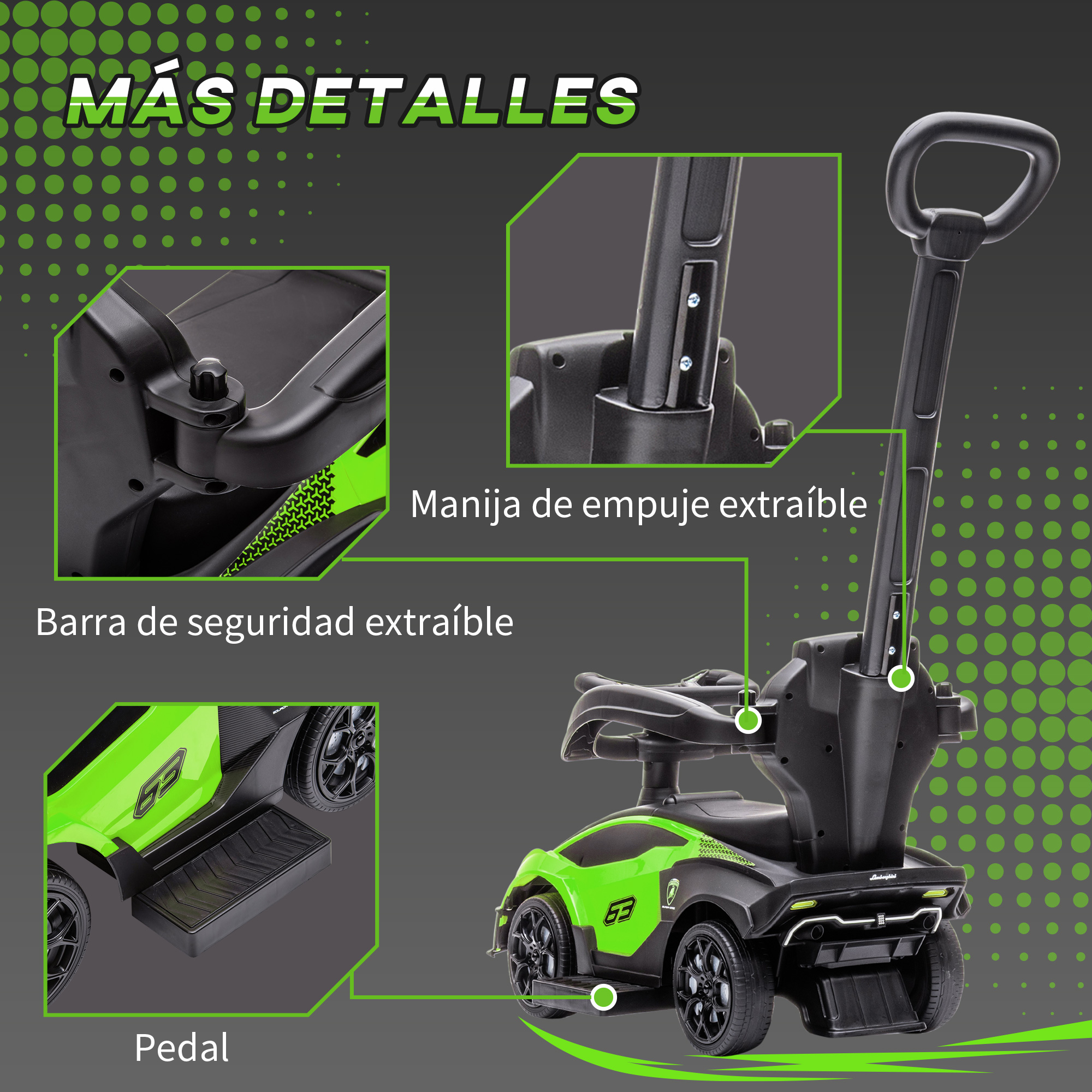 Un coche de juguete verde y negro para niños con barra de empuje y barra de seguridad.