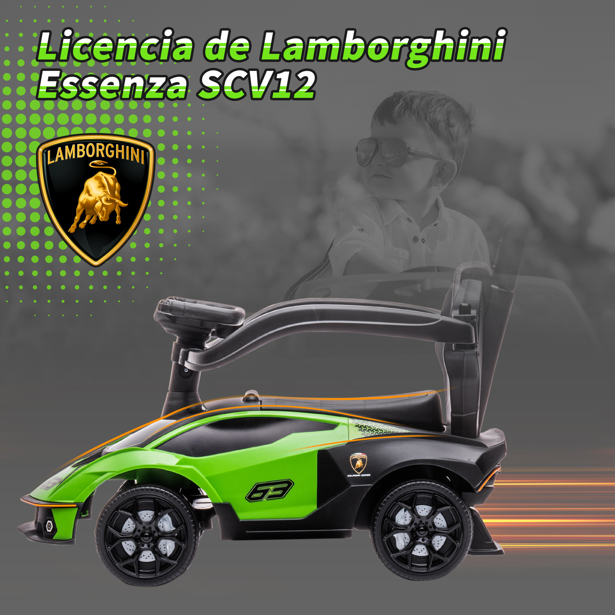 Un coche de juguete Lamborghini verde con un niño al fondo.