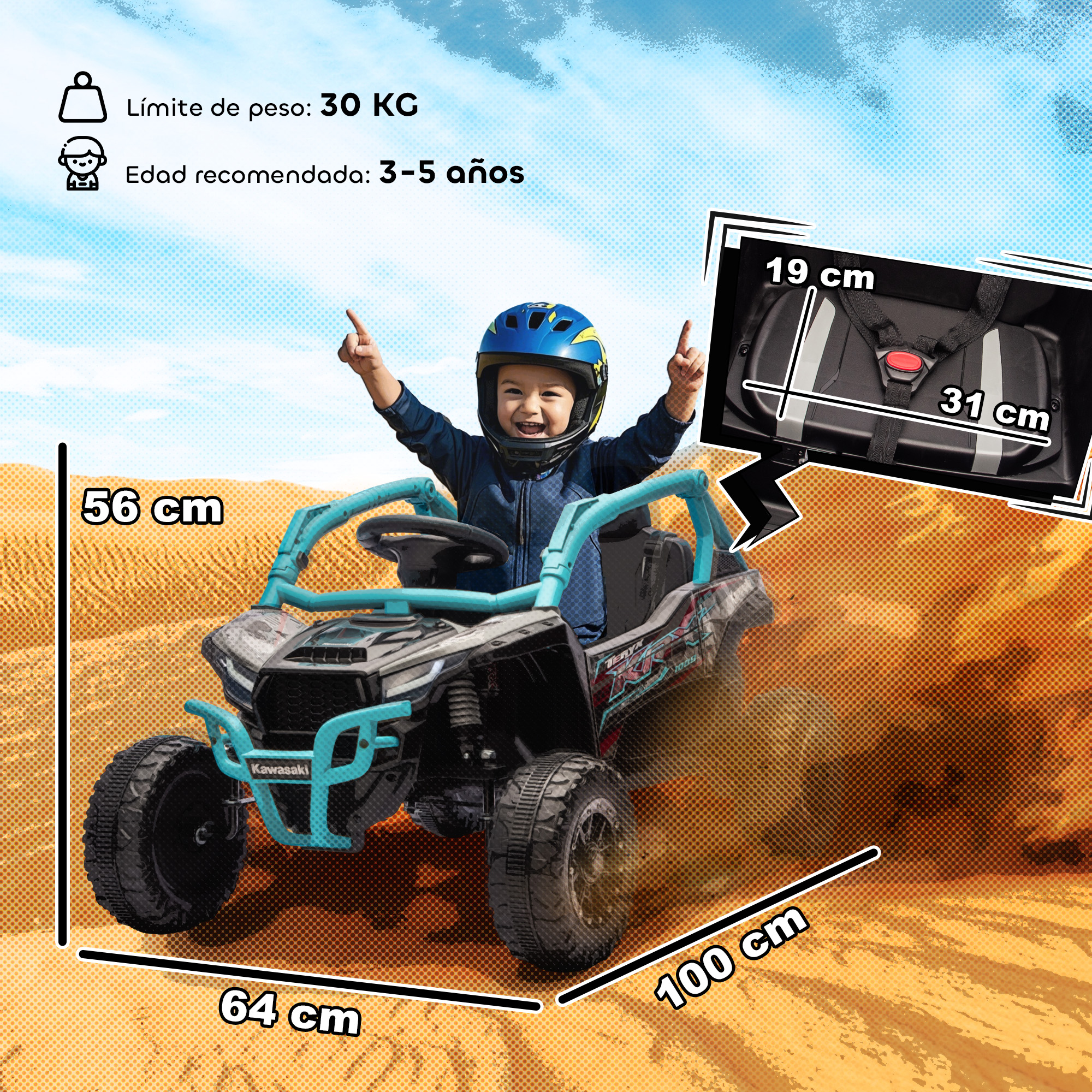 Un niño con casco azul conduce un buggy Kawasaki en la arena. Se muestran dimensiones.