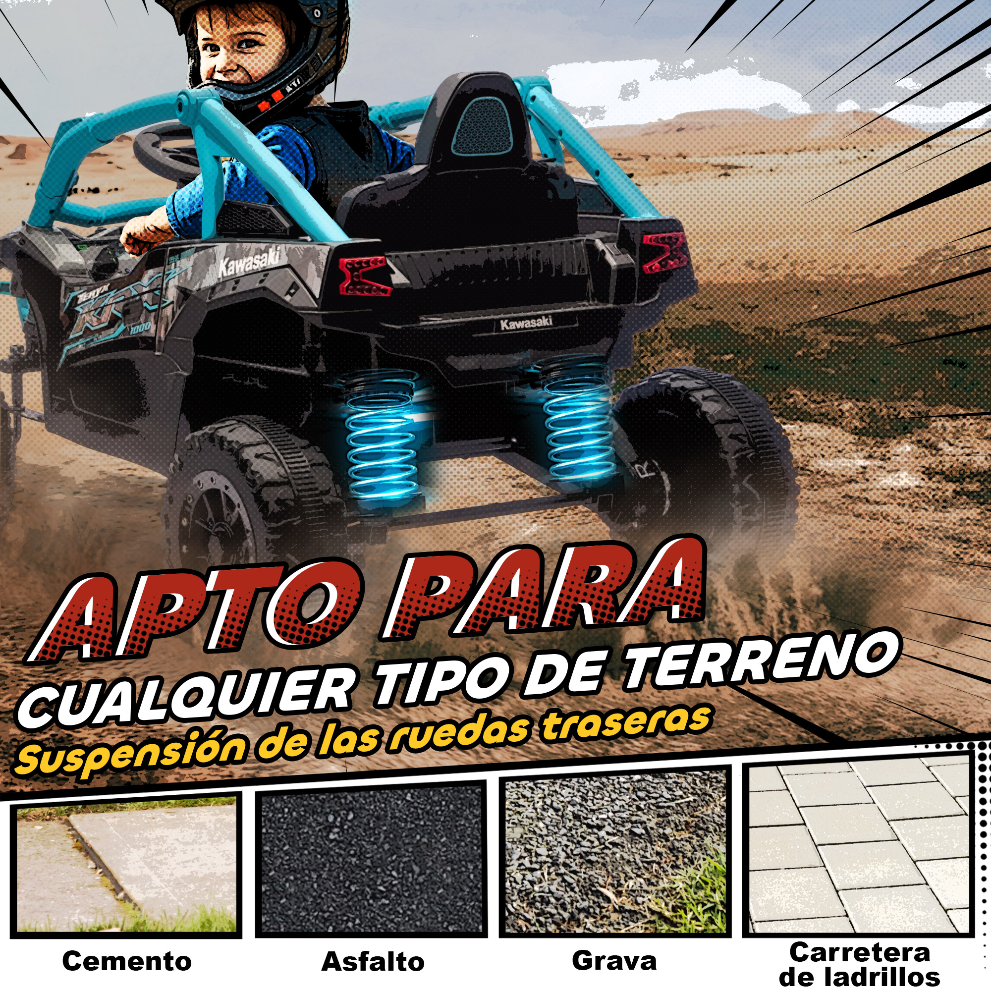 Niño con casco conduce un ATV infantil amarillo por terreno arenoso.