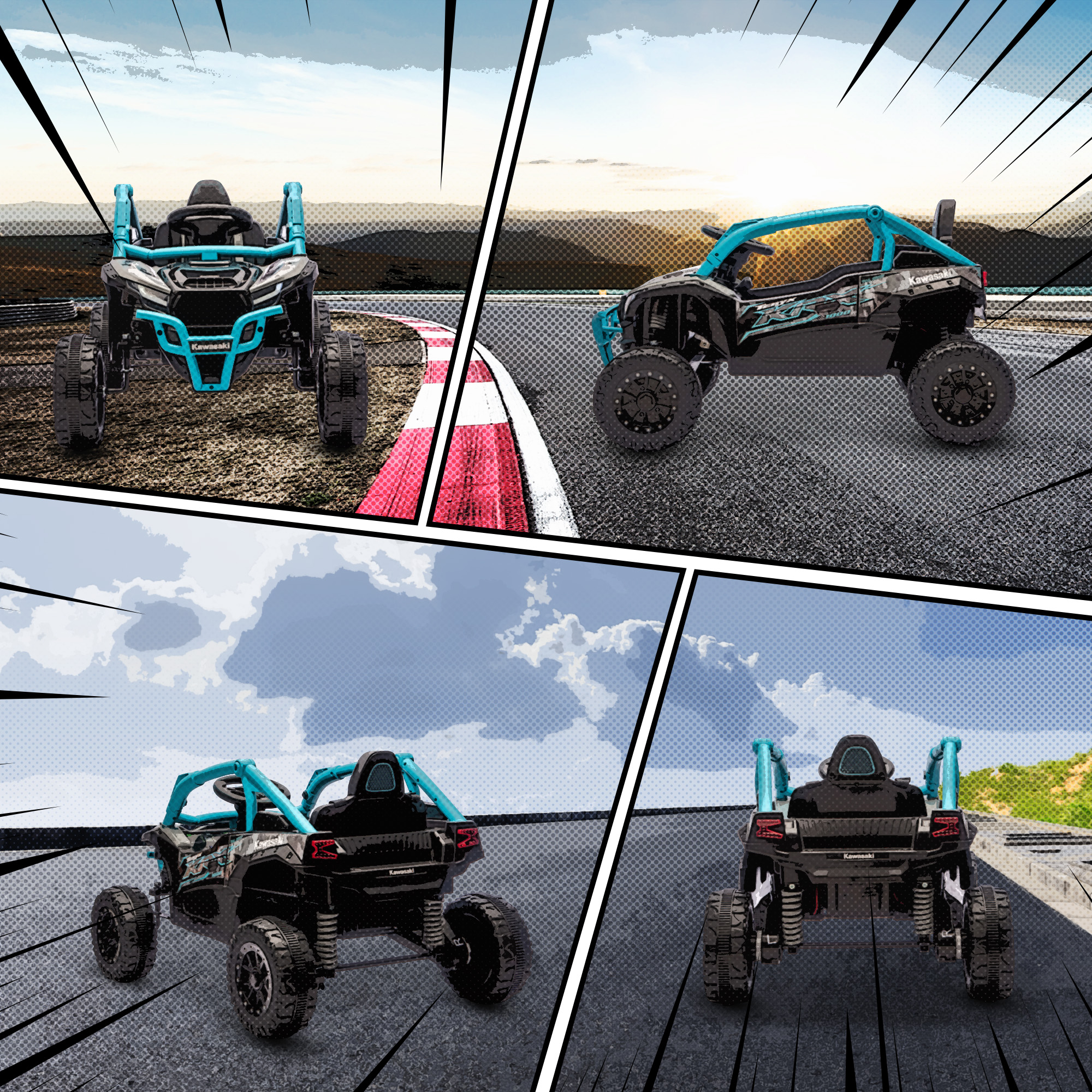 Un buggy Kawasaki negro con barras antivuelco azules sobre diversas superficies.