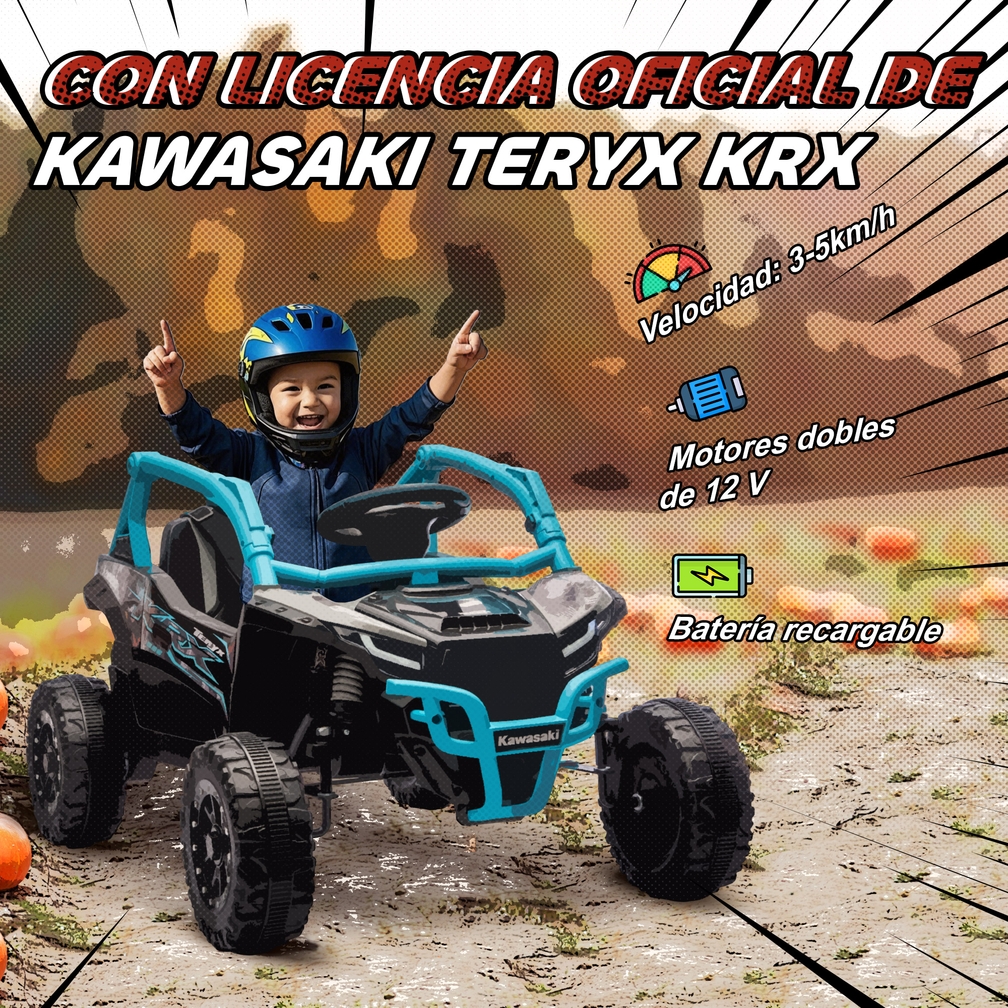 Un niño con casco azul monta un Kawasaki Teryx negro y turquesa.