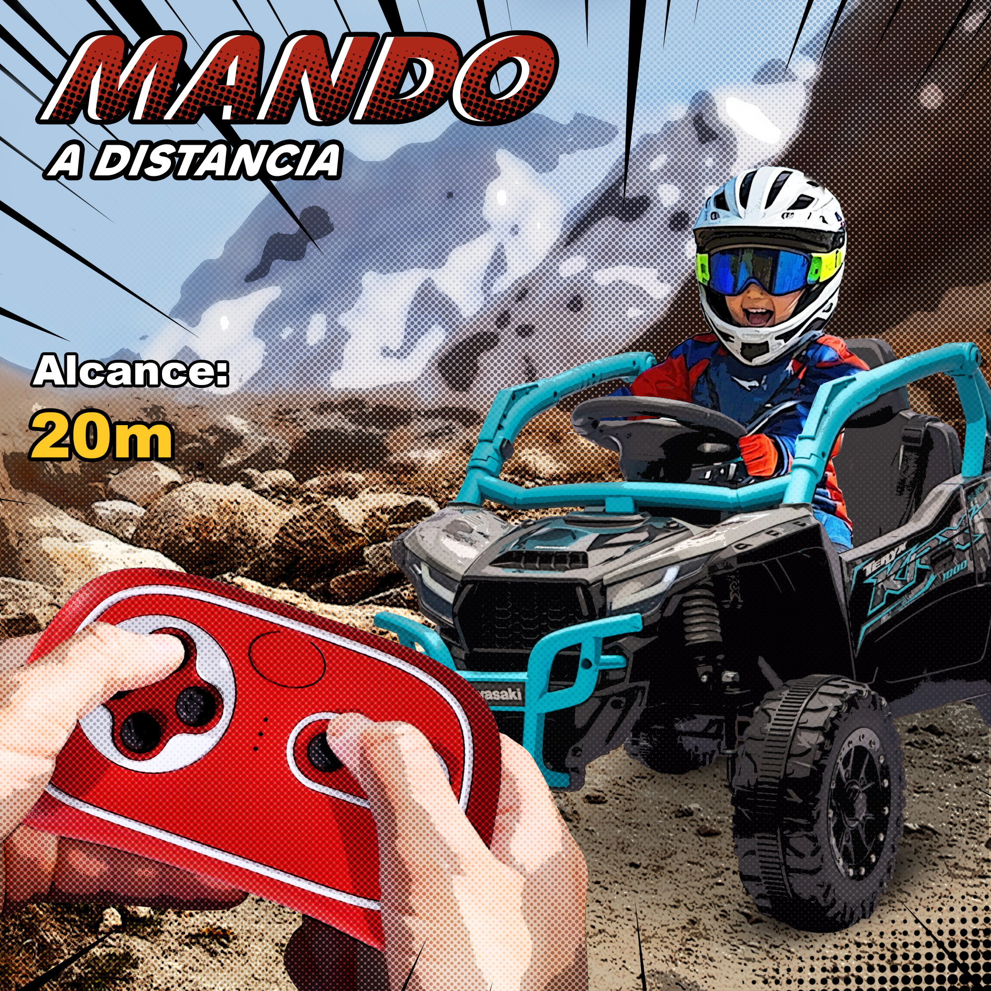 Niño con casco de carreras conduce buggy a control remoto, mando rojo.