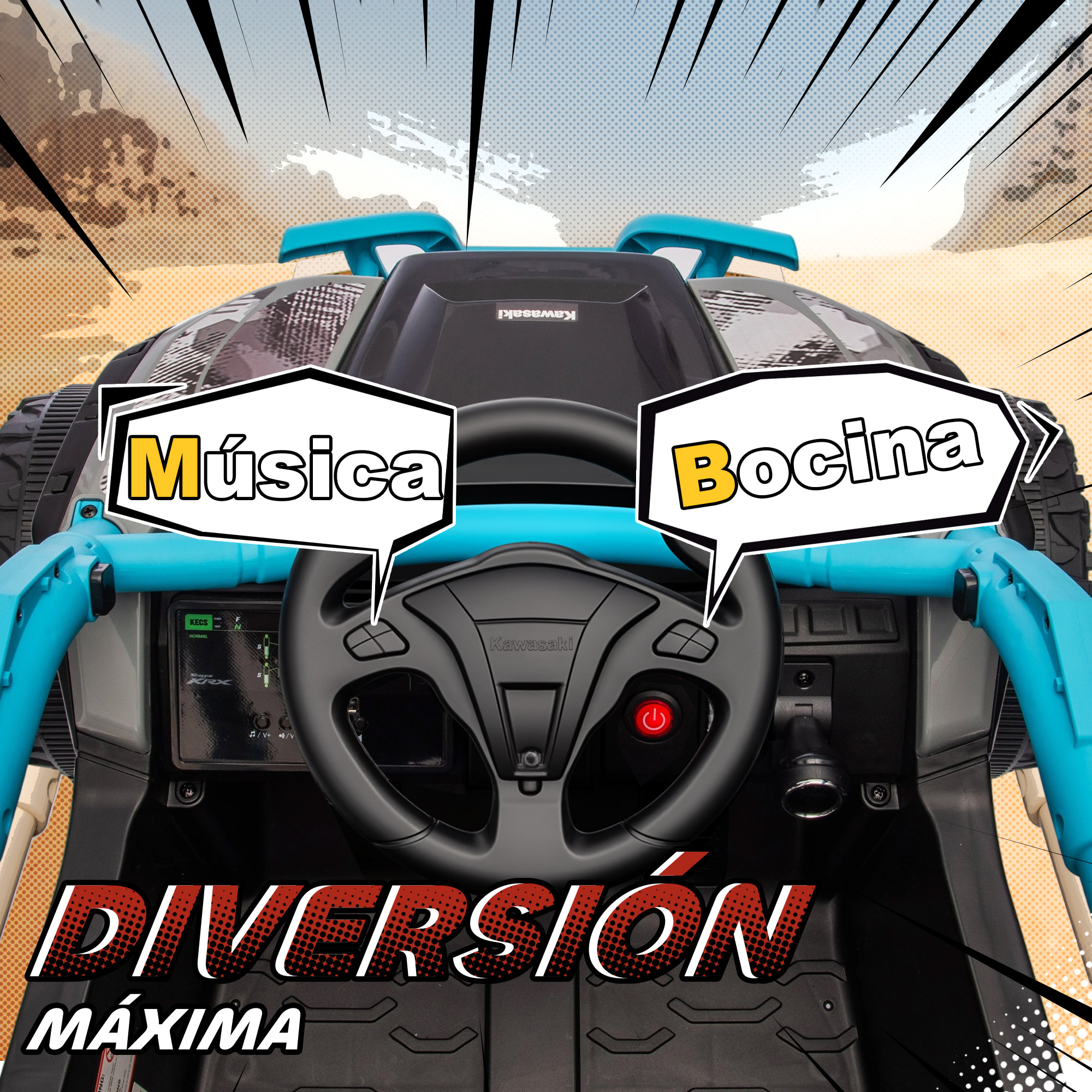 Un buggy Kawasaki infantil con bocadillos de "Música" y "Bocina".