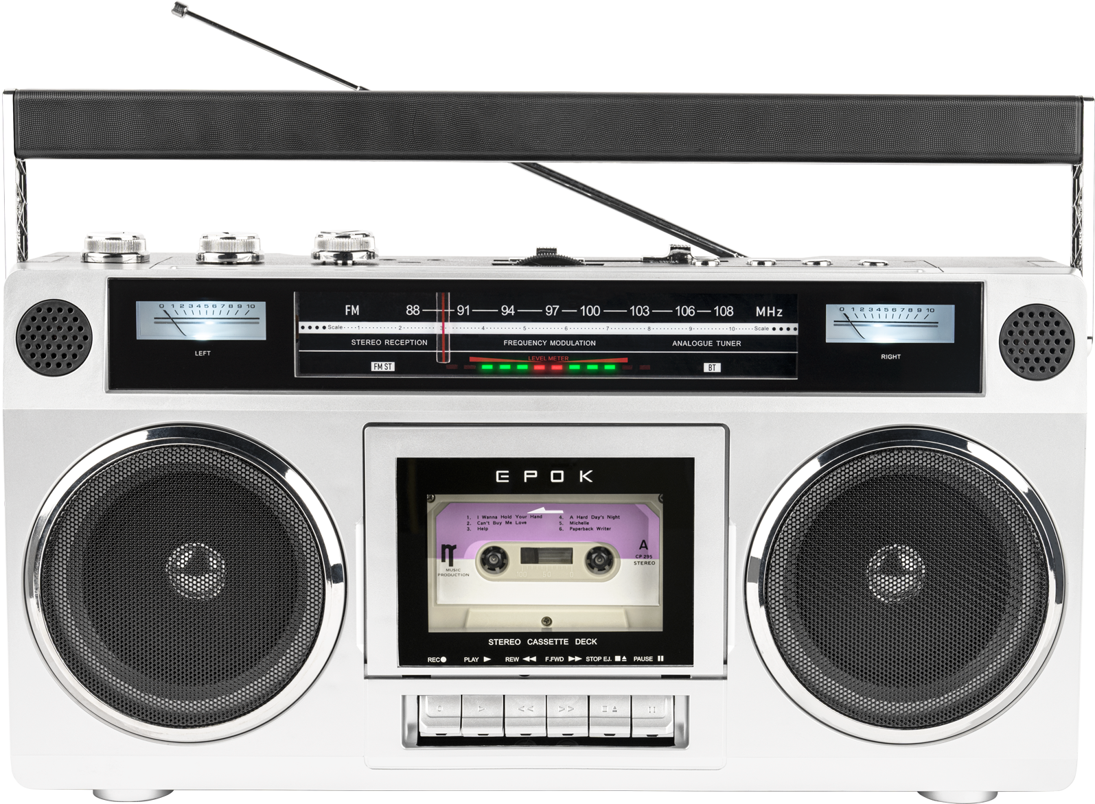 Ein silberner Ghettoblaster mit Kassettendeck, zwei Lautsprechern und Radioanzeige.