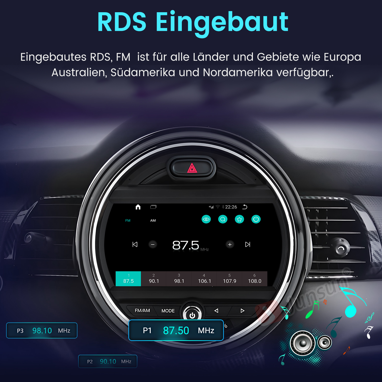 Ein Autoradio-Bildschirm zeigt RDS und FM-Frequenzen an, mit Musiknoten.