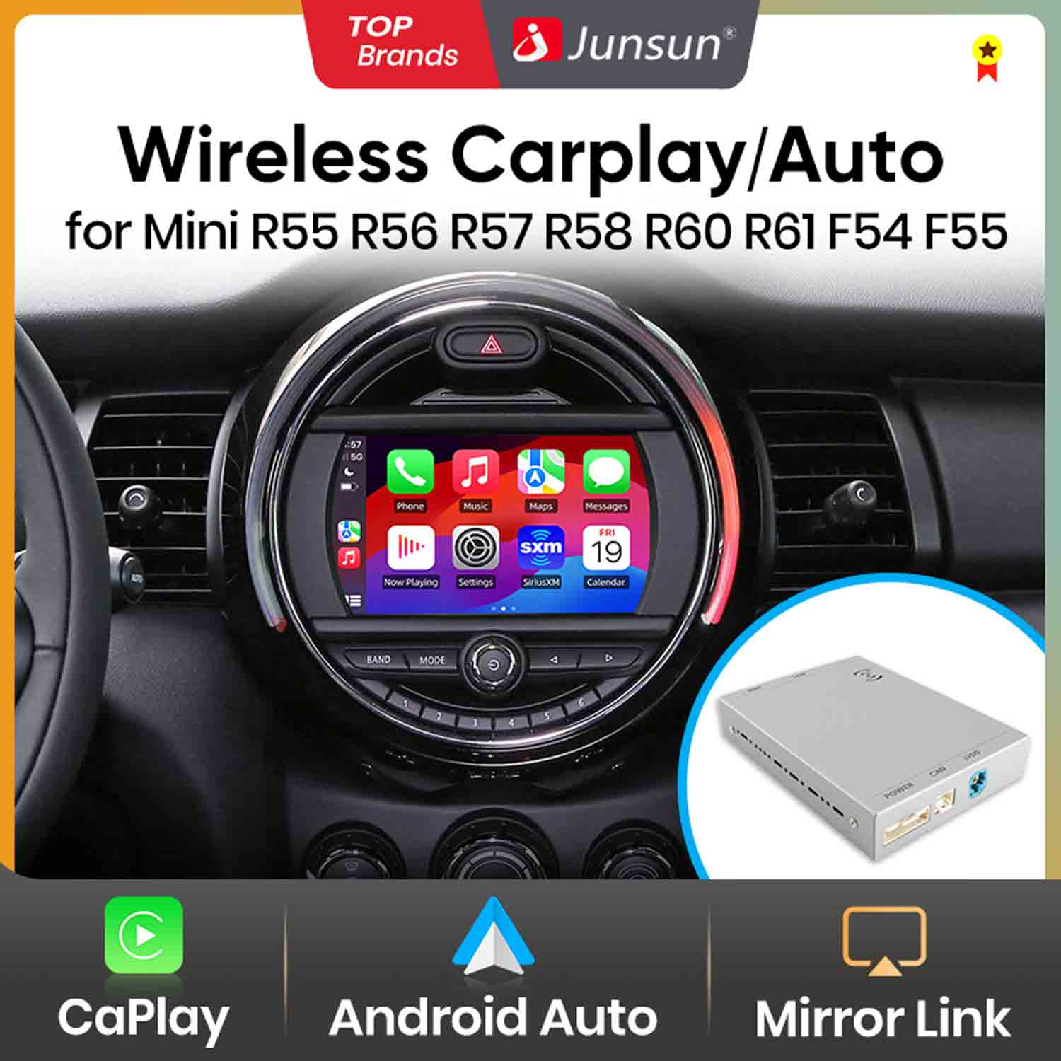 Mini Cooper Armaturenbrett mit Touchscreen-Display. Zeigt Carplay/Auto-Oberfläche.