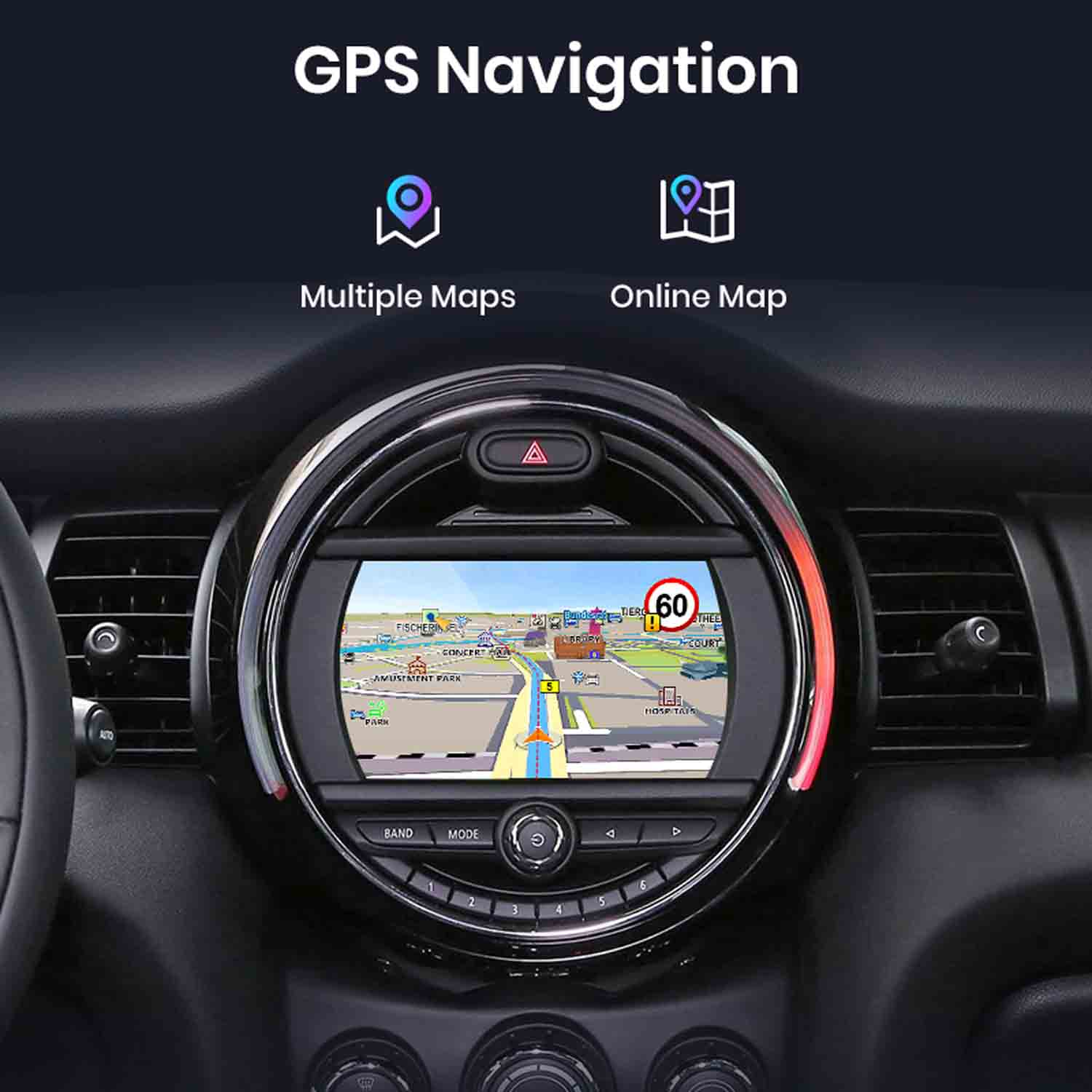 Armaturenbrett mit GPS-Navigationsbildschirm, der eine Straßenkarte anzeigt.