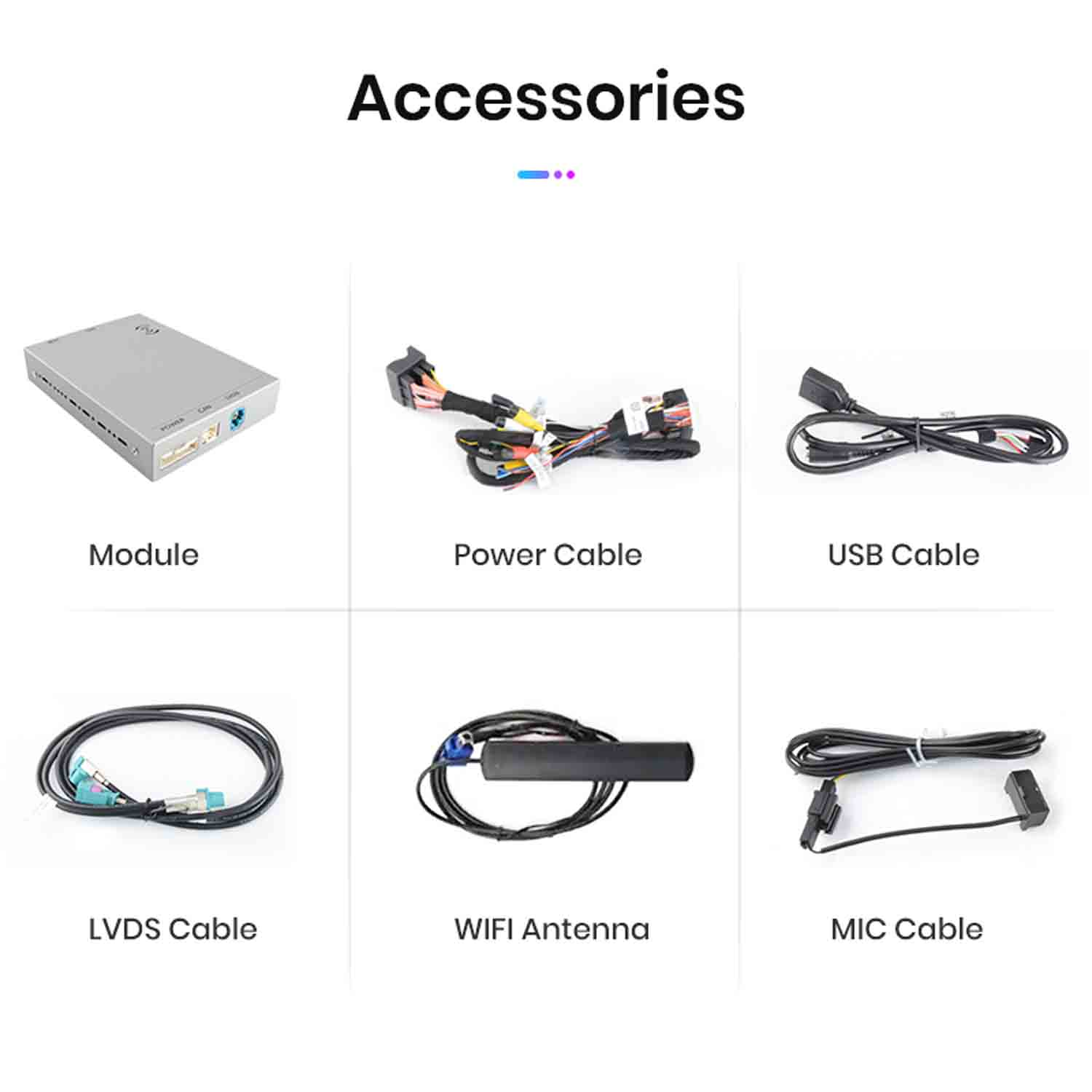 Sammlung von Autozubehör: Modul, Strom-, USB-, LVDS-, WLAN-Antennen- und MIC-Kabel.