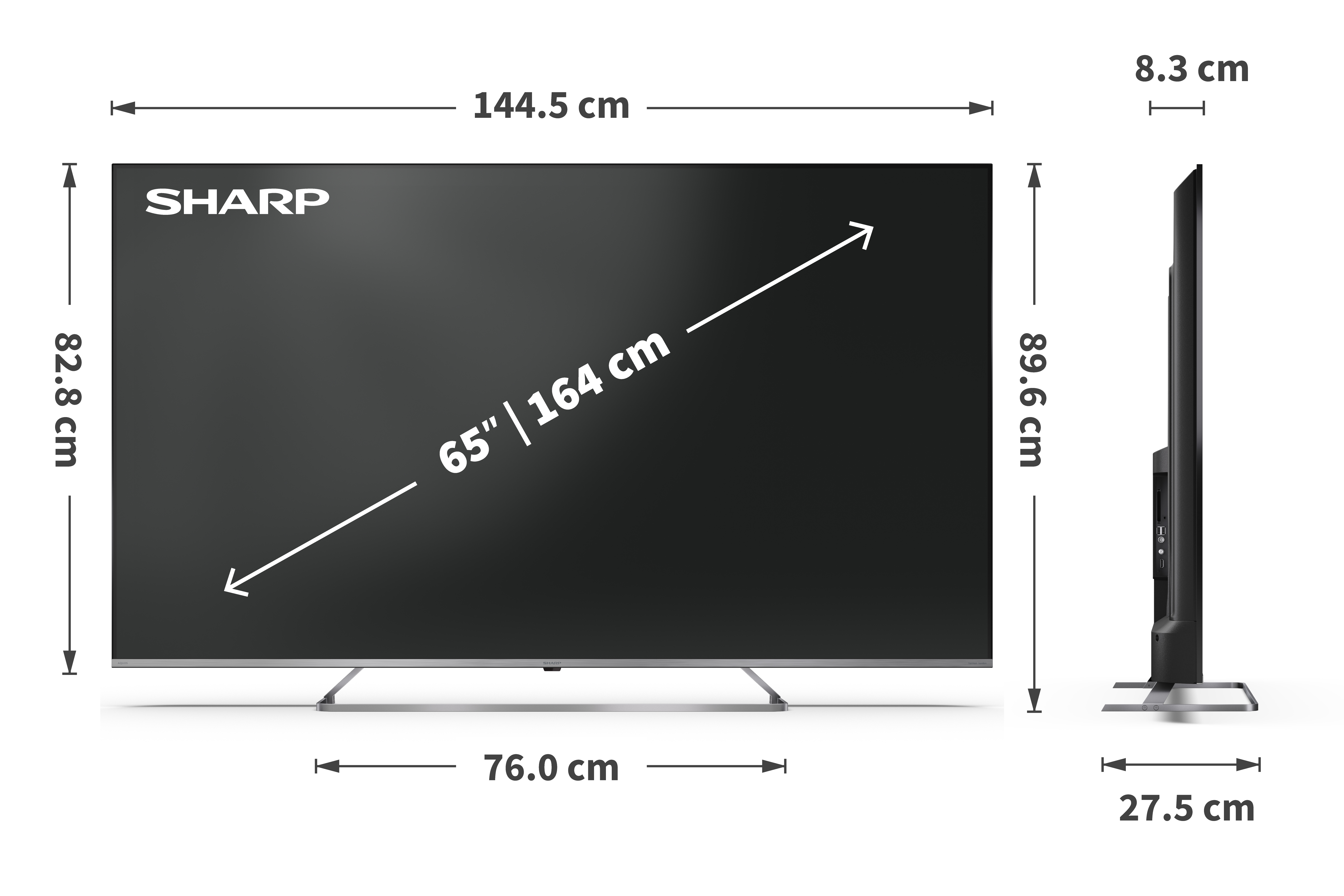 Sharp Fernseher: 144,5cm breit, 82,8cm hoch, 8,3cm tief. 65 Zoll.