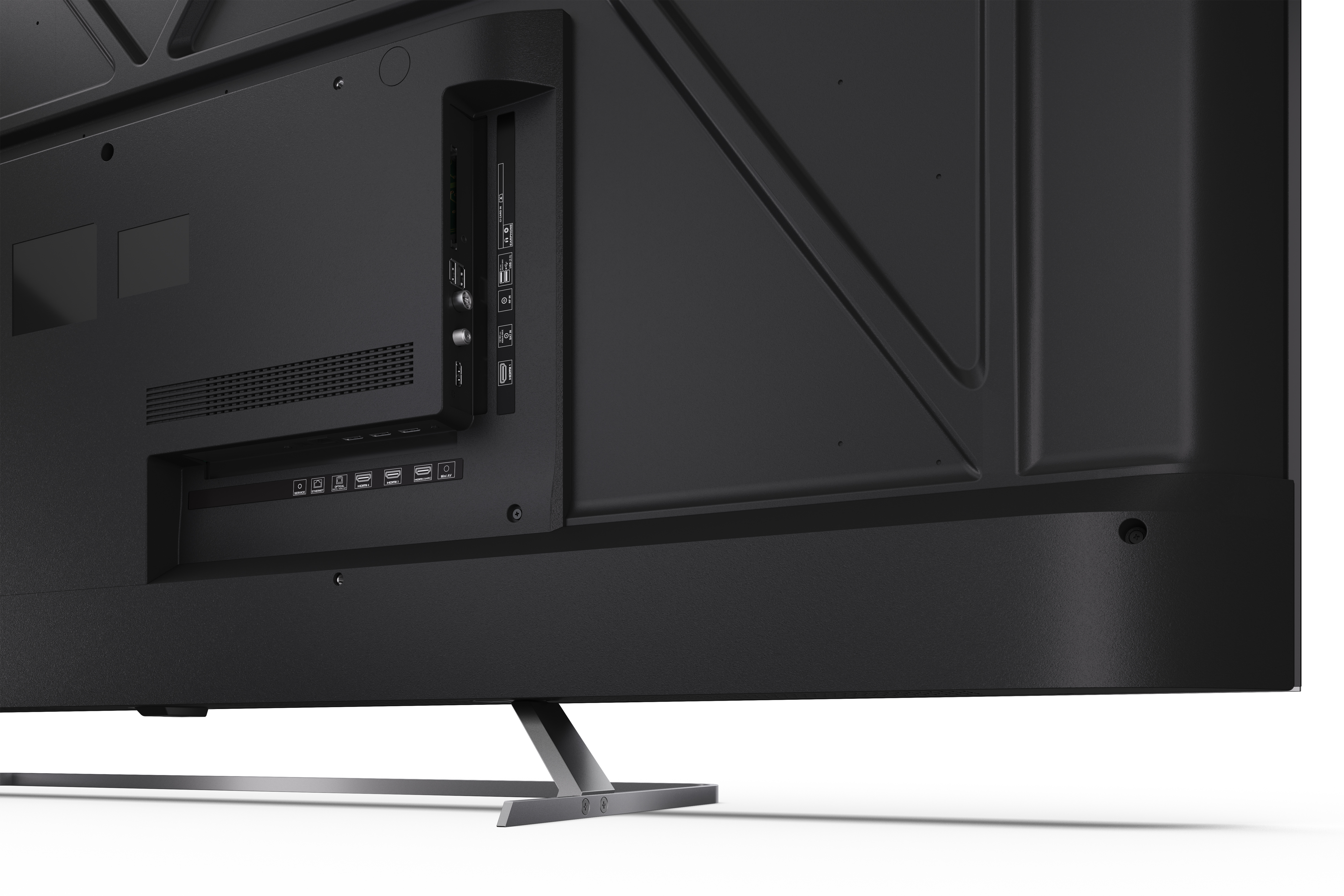 Rückseite eines schwarzen Fernsehers mit Anschlüssen und silbernem Standfuß.