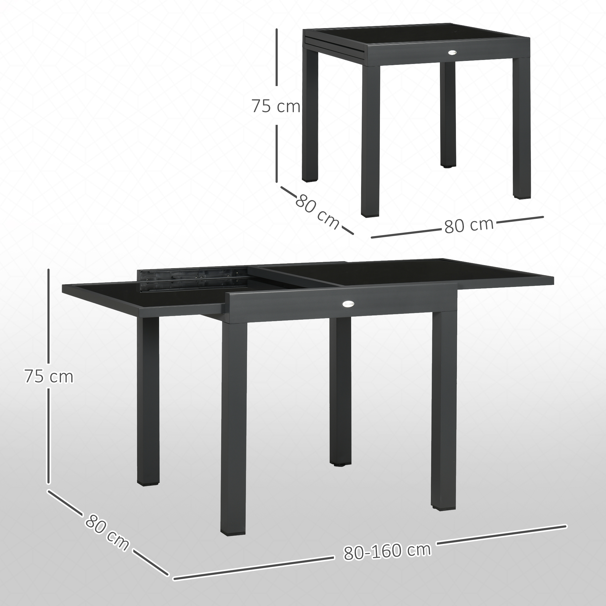 Una mesa extensible con tablero de cristal negro y marco de metal oscuro.