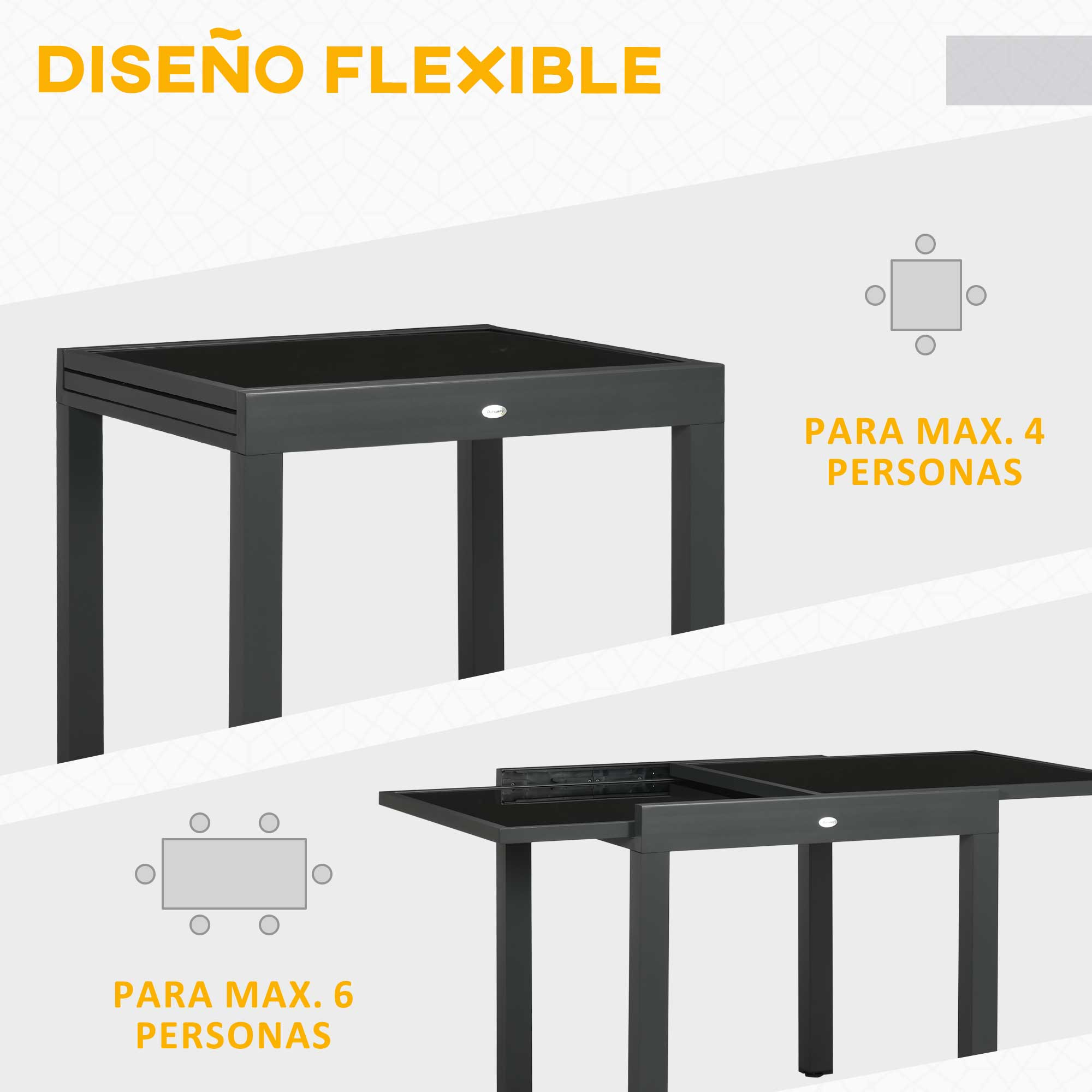 Una mesa gris extensible, configurada para 4 y 6 personas.
