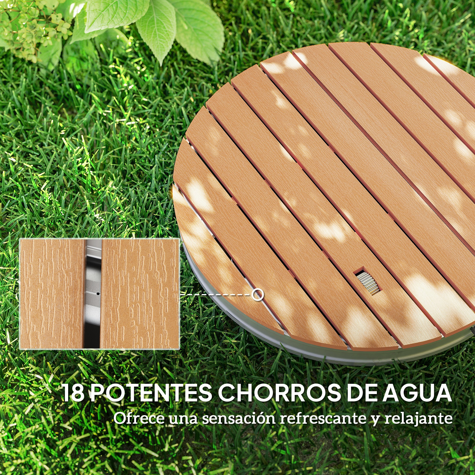 Tapa redonda de madera sobre césped con primer plano del material. Texto en español.