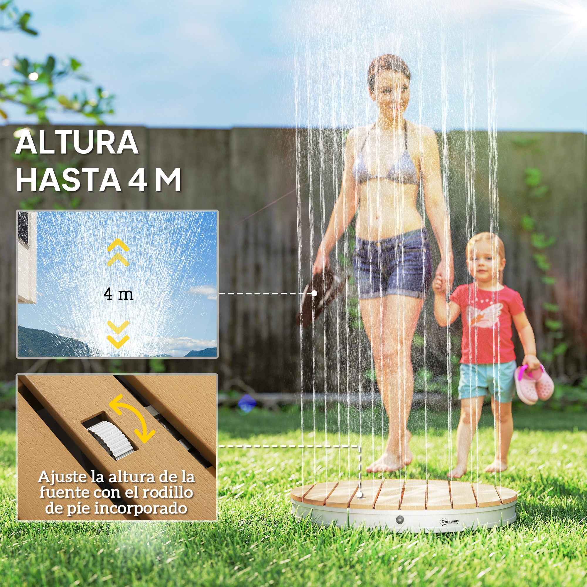 Mujer y niño bajo una ducha de jardín. Altura hasta 4m.