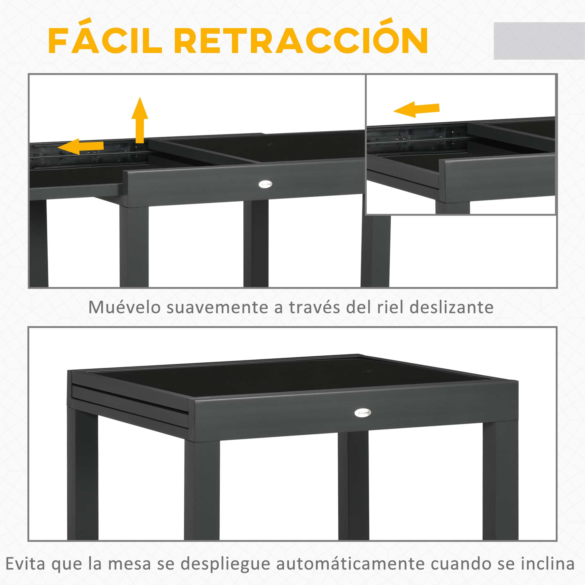 Mesa gris con tablero extensible. Flechas muestran dirección de movimiento.