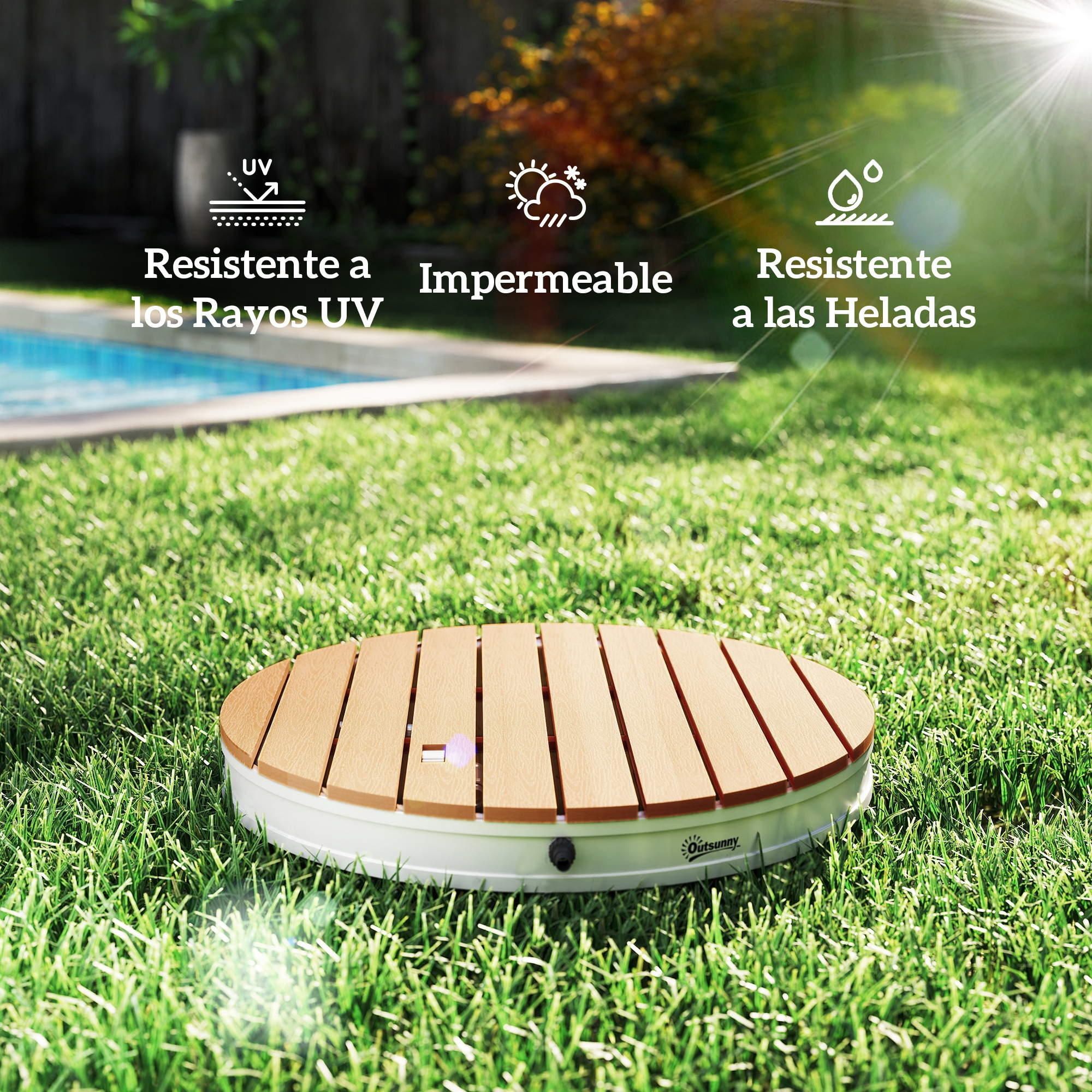 Mesa redonda efecto madera junto a piscina sobre césped. Resiste UV, frío, agua.