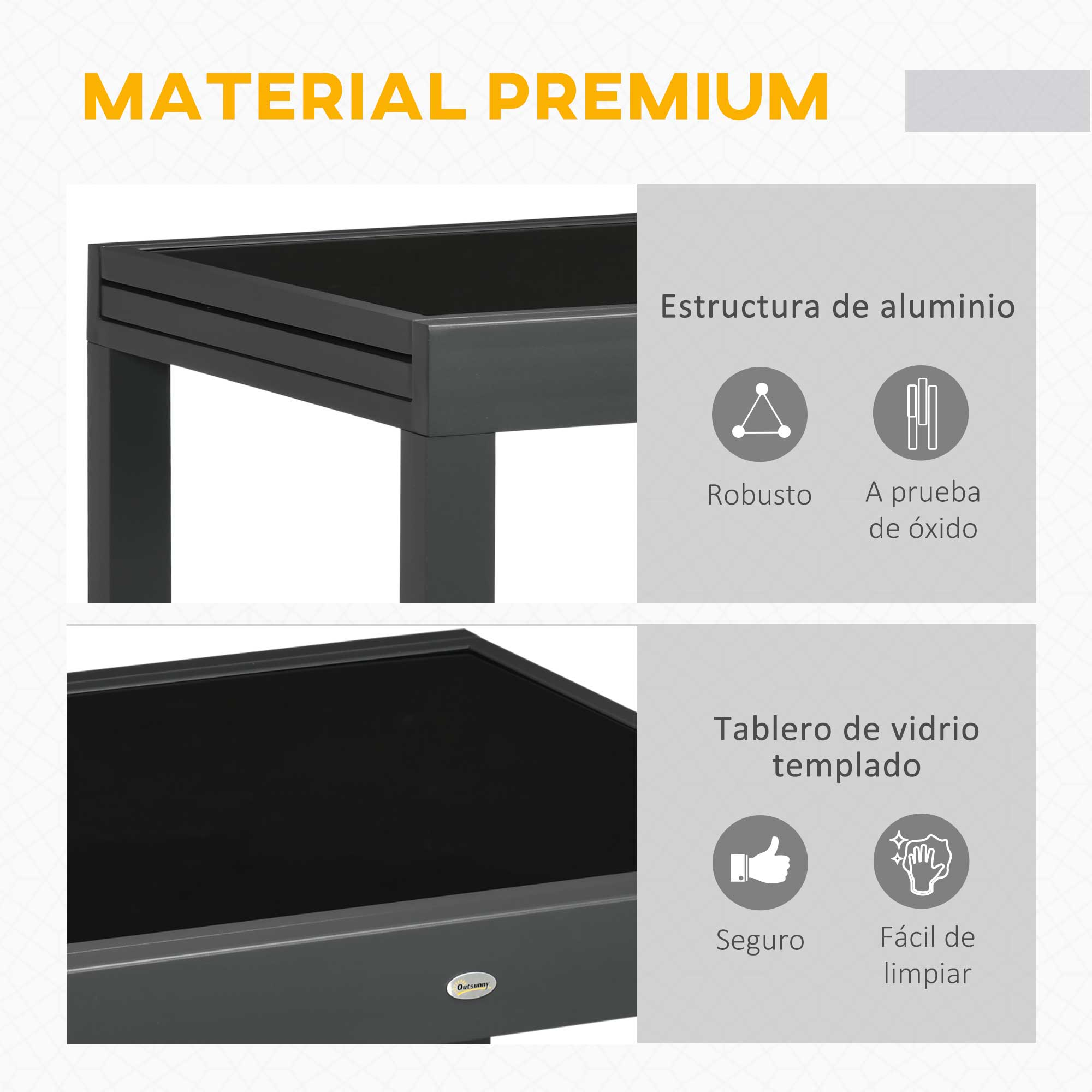 Material premium con estructura de aluminio y tablero de vidrio.