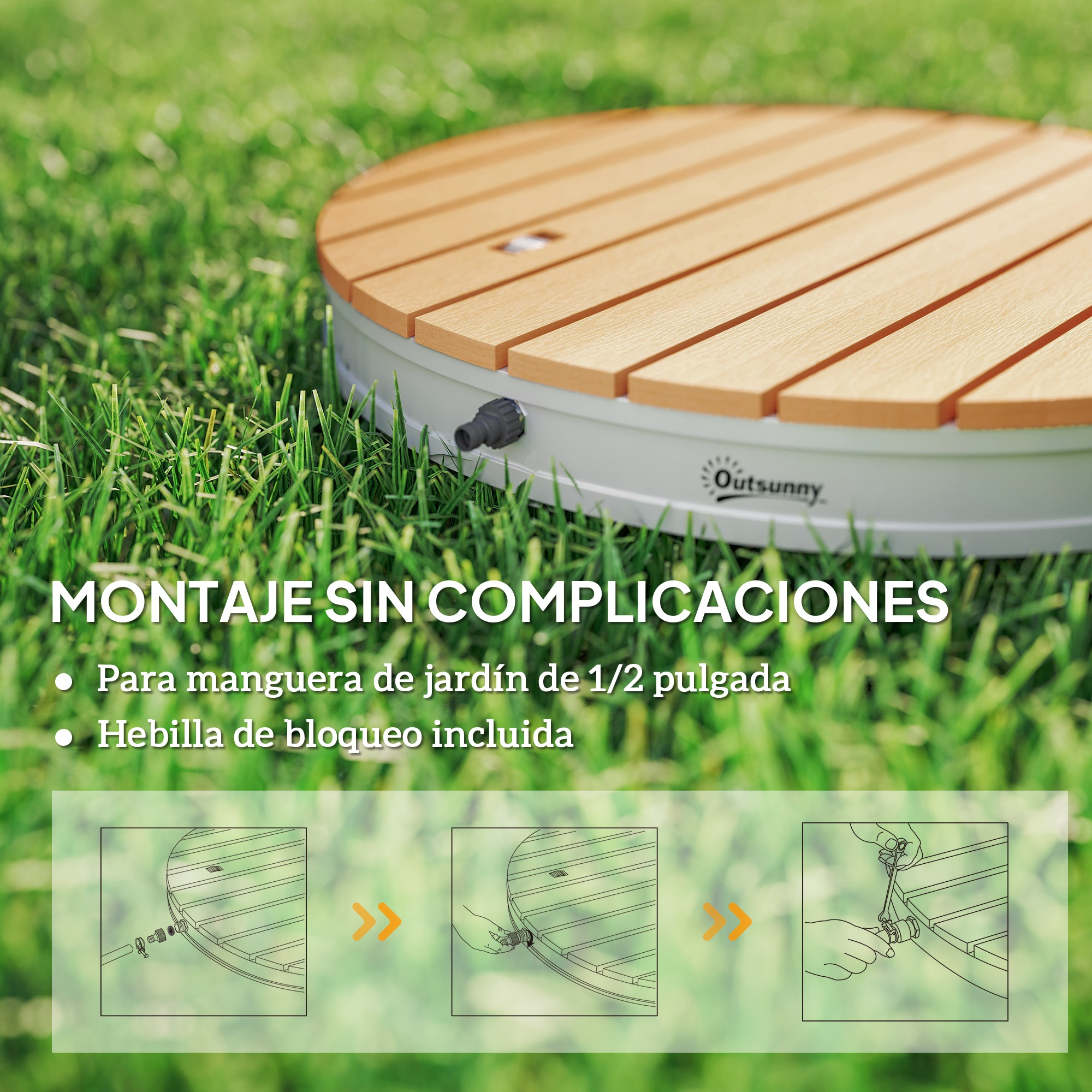 Mesa redonda de madera sobre césped con instrucciones.