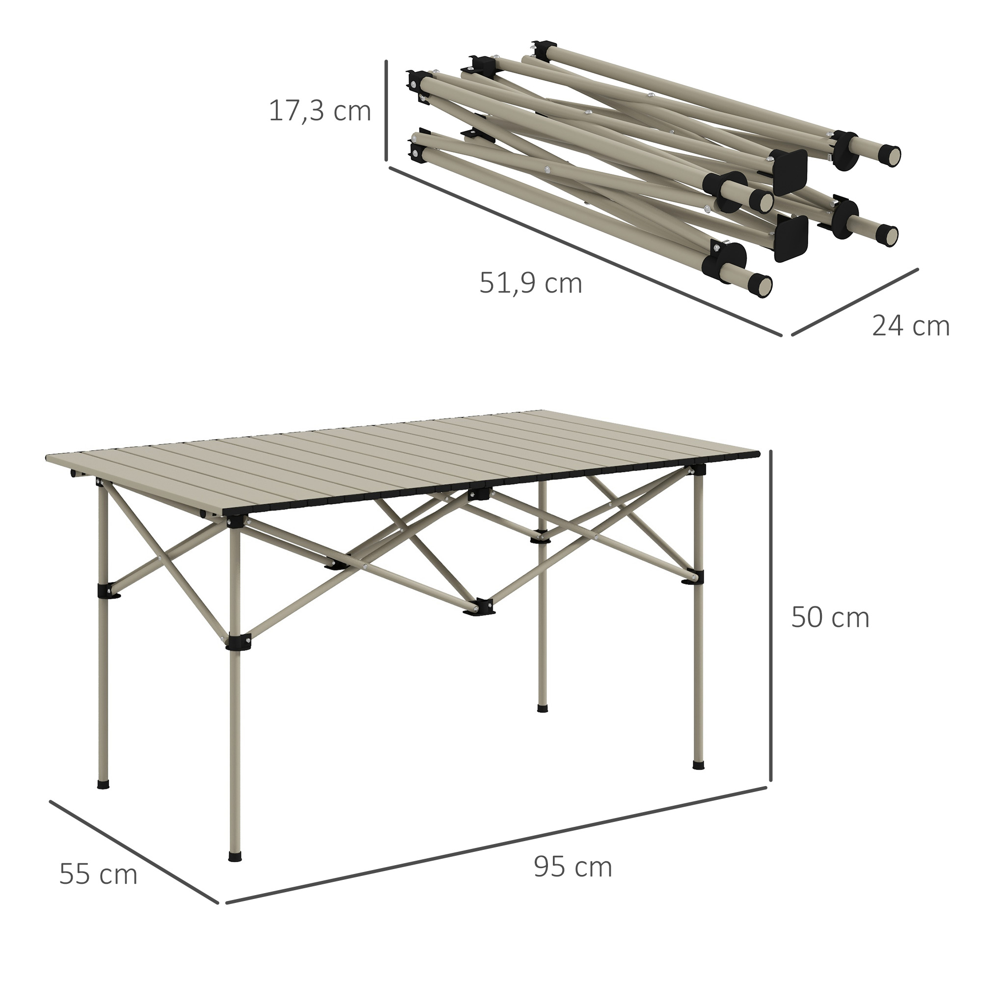 Mesa abierta y plegada con dimensiones.