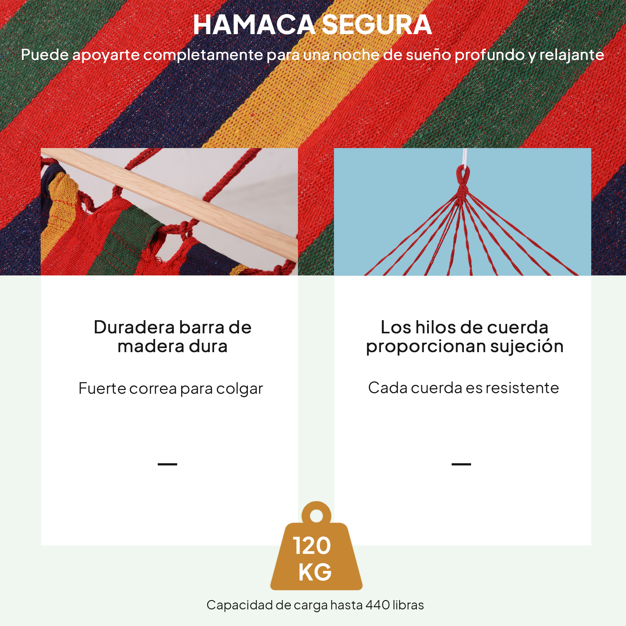 Una hamaca colorida con barras de madera y suspensión de cuerda.