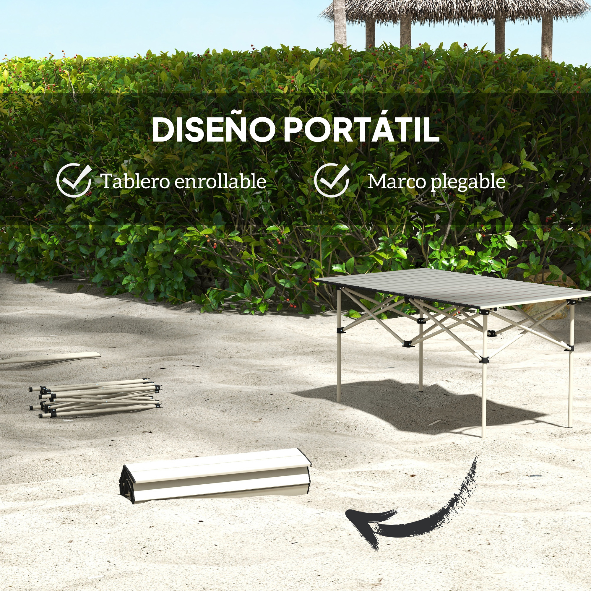 Una mesa de camping plegable de metal sobre arena. Partes plegadas yacen a su lado.