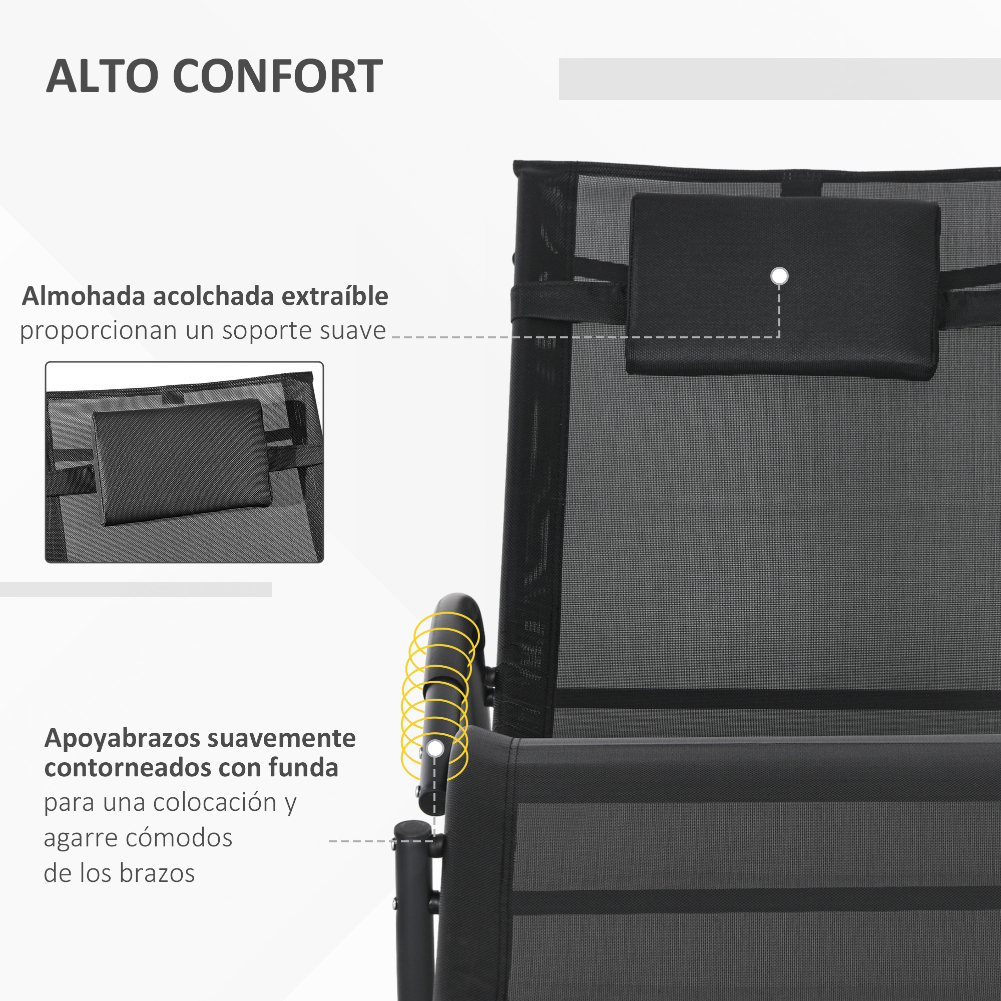 Una silla negra con cojín extraíble y reposabrazos curvos.