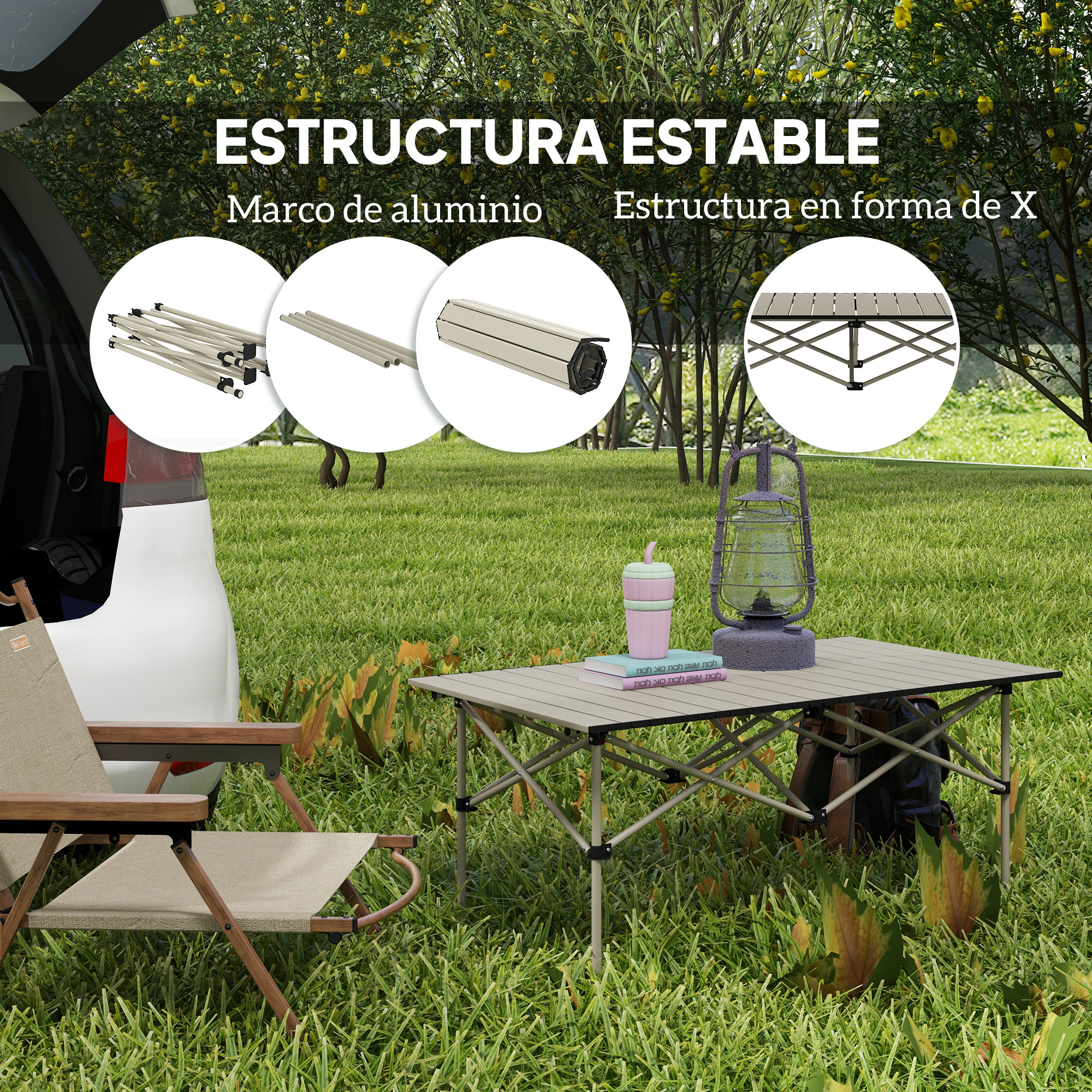 Mesa de camping con silla, linterna y libros sobre césped. Tonos beige y marrón.